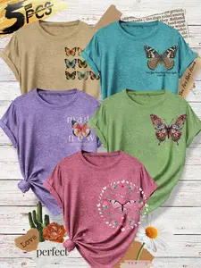 Vintage Butterfly Floral Print T-Shirt, Patchwork Large Butterfly, Grid Small Butterfly, Loose Short Sleeve, Soft Fabric, Casual Style