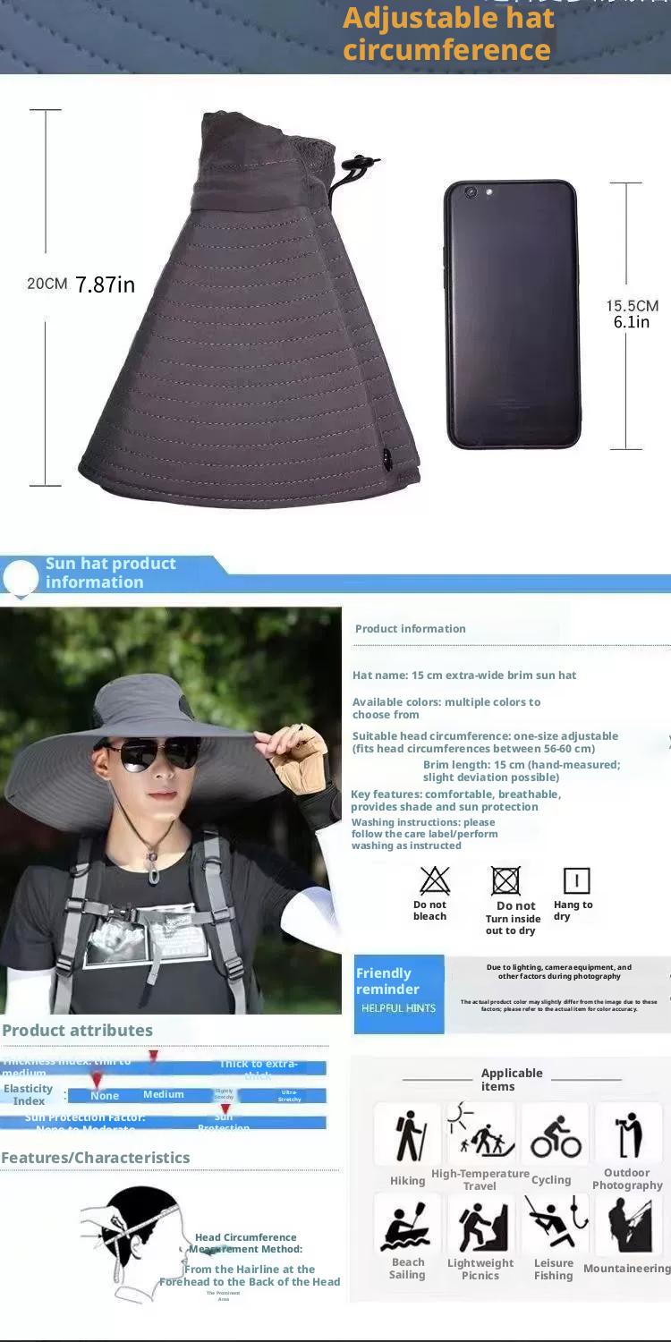 Outdoor camping, hiking, and travel 15CM large brim men's sun protection hat, fishing hat, hiking fisherman hat