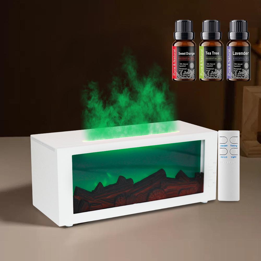 Fireplace Flame Diffuser, 300ml Essential Oil Diffuser with 7-Color LED Lights, Timer & Remote Control, Auto Shut-Off, Includes 3 Essential Oils for Home Aromatherapy