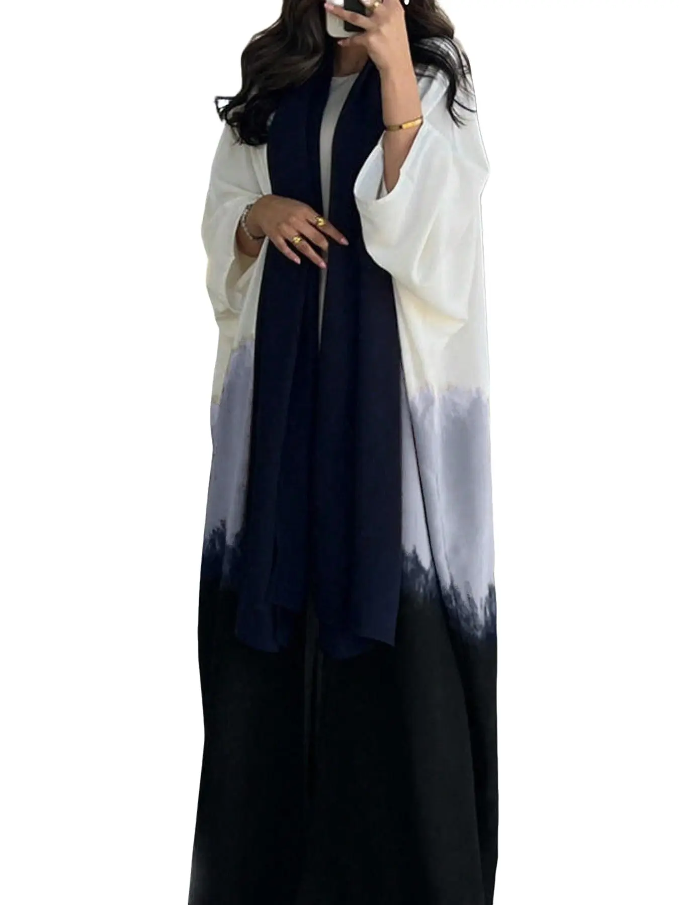 Gradient Tie-Dye Long Relaxed Cardigan Robe, Batwing Sleeve Loose Fit Outerwear, Muslim Conservative Style, Daily Commute Casual Abaya