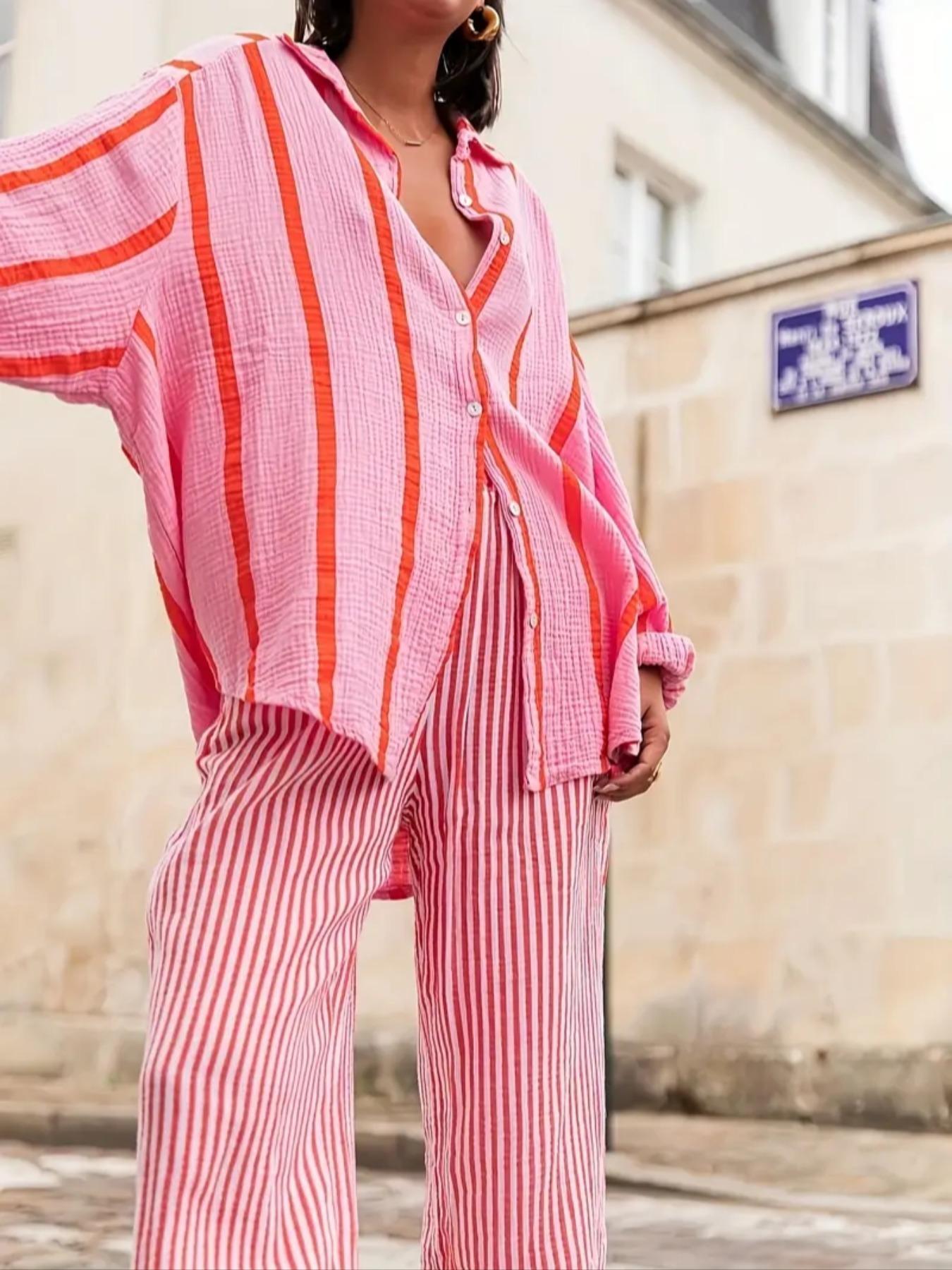 Women's Striped Print Long Sleeve Shirt Blouse, Elegant Casual Fit Button Front Top for Daily Wear, Ladies Clothes for All Seasons