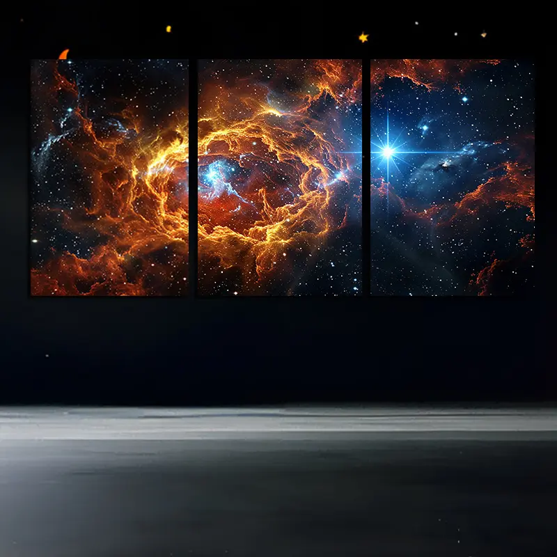 2D 3-piece roll canvas painting of nebulae and galaxies, astronomical theme wall art, interior decoration painting, perfect gift for him/her for Valentine's Day, Carnival, holidays, new home decoration, store decoration, bedroom, living room, home office