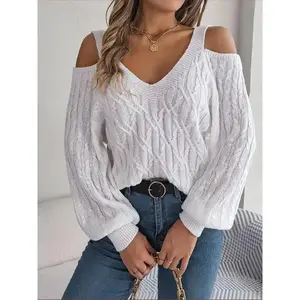 Women's Plain Cut Out Cold Shoulder Cable Knit Sweater, Casual Textured Bishop Sleeve Jumper for Fall & Winter, Women's Knitwear Top for Daily Wear