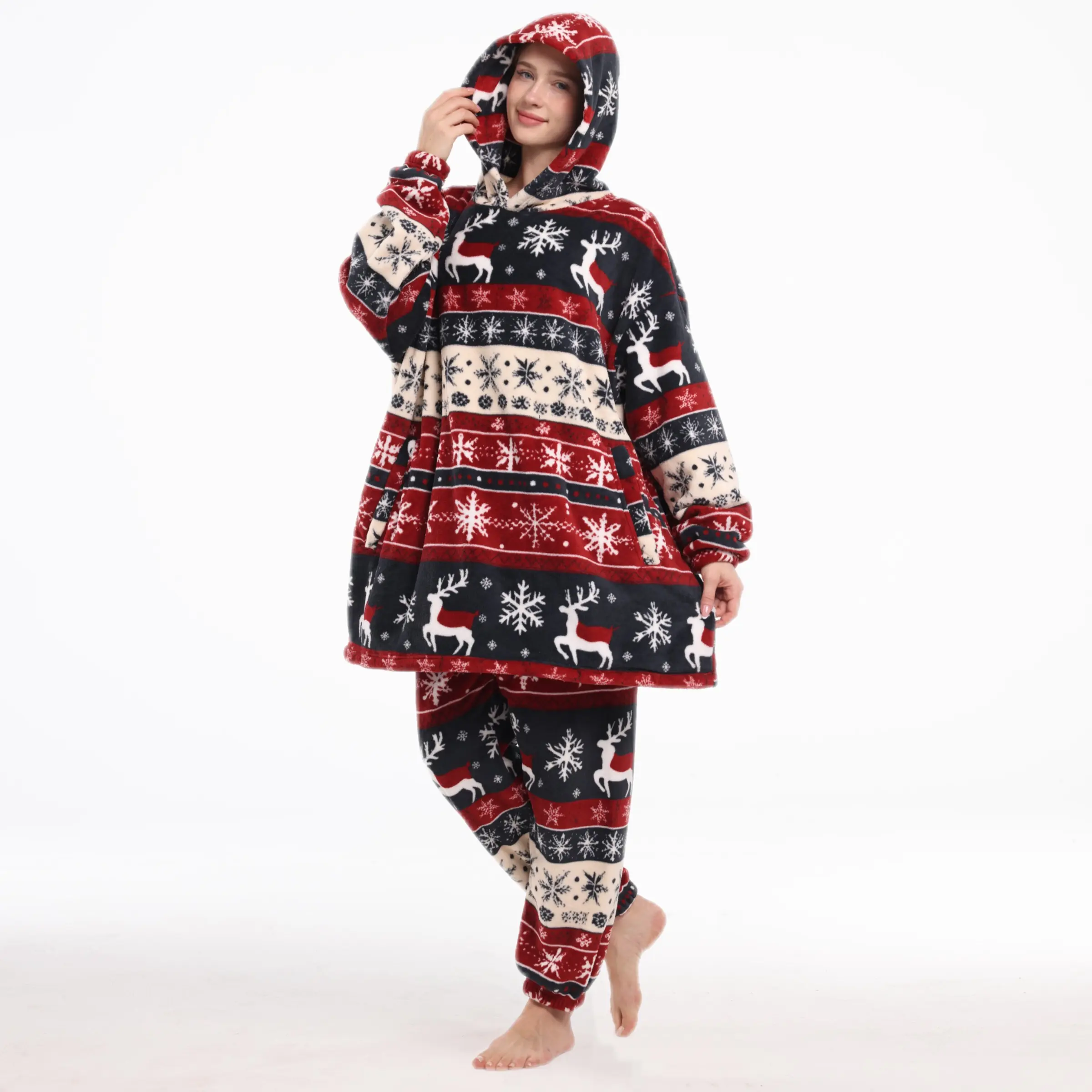 Christmas Reindeer Pattern Wearable Blanket Set, Unisex, Hooded with Pockets, Cozy Loungewear, Perfect for Fall Winter Gifts
