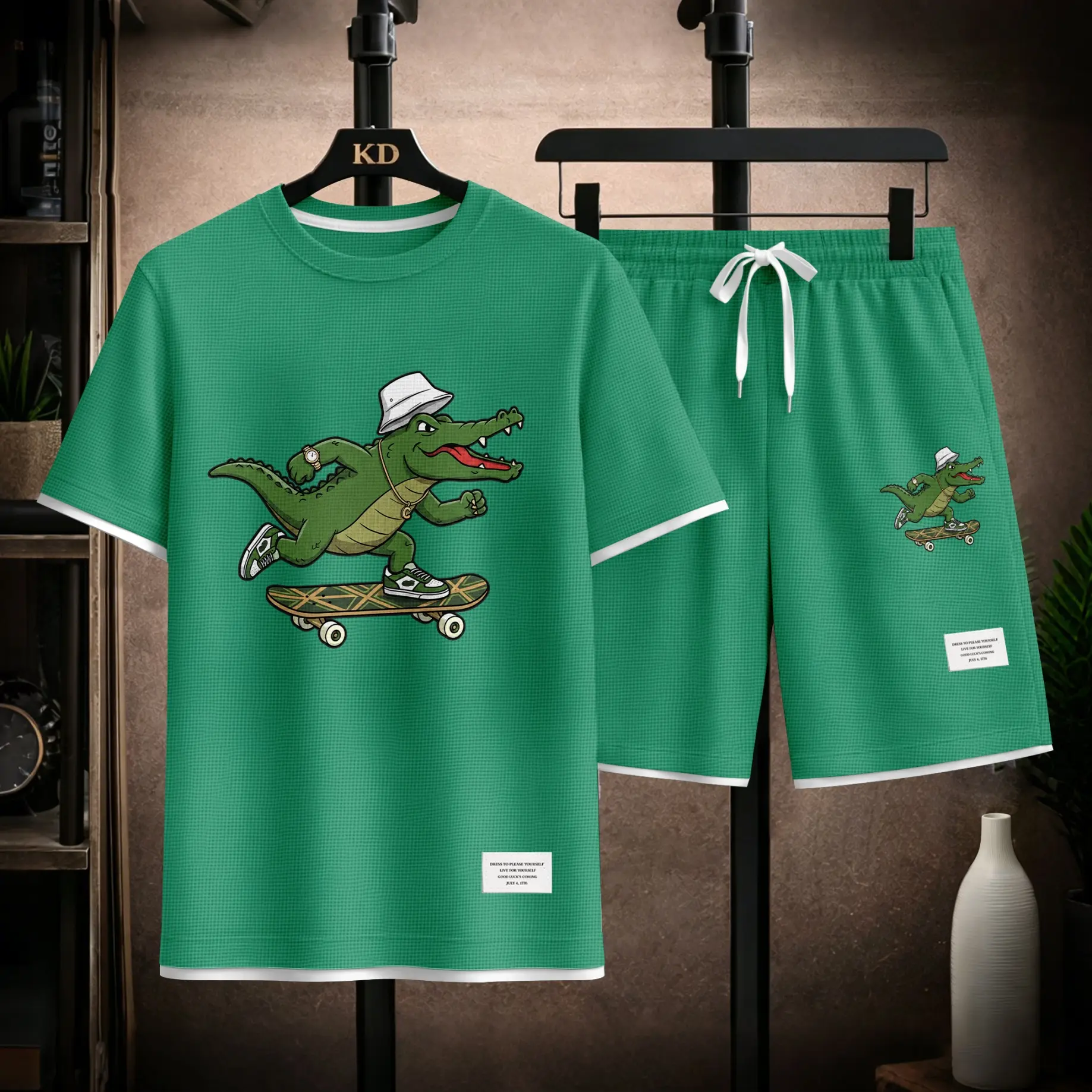 Men’s Funny Crocodile Skateboard Graphic Waffle Knit 2 Piece Outfit, Short Sleeve Crewneck Shirt and Casual Shorts Set, Lightweight Summer Streetwear for Campus, Outdoor, Workout, Beach Trips and Weekend Wear