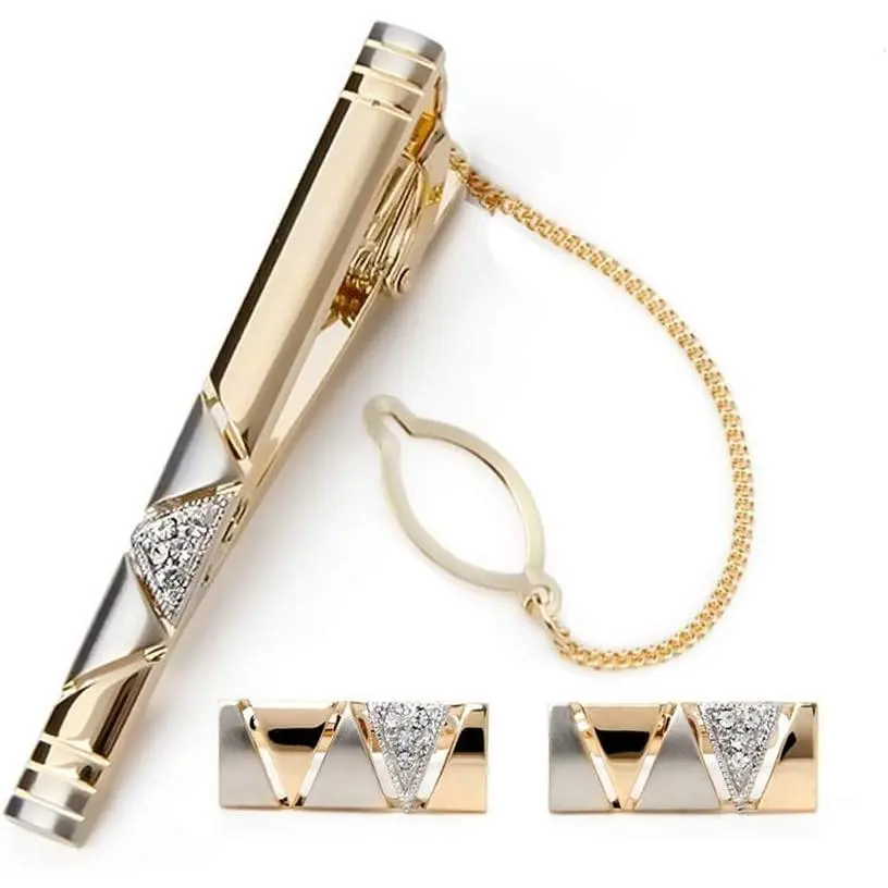 Two Tone Cufflinks and Tie Clip Set with Gift Box and Greeting Card, Stylish Golden Cufflinks and Tie Clip Gift Set for Men