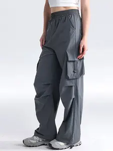 Women's Plain Elastic Drawstring Waist Multi-Pocket Loose Fit Wide Leg Pants, Outdoor Sports Running Hiking Cargo Pants