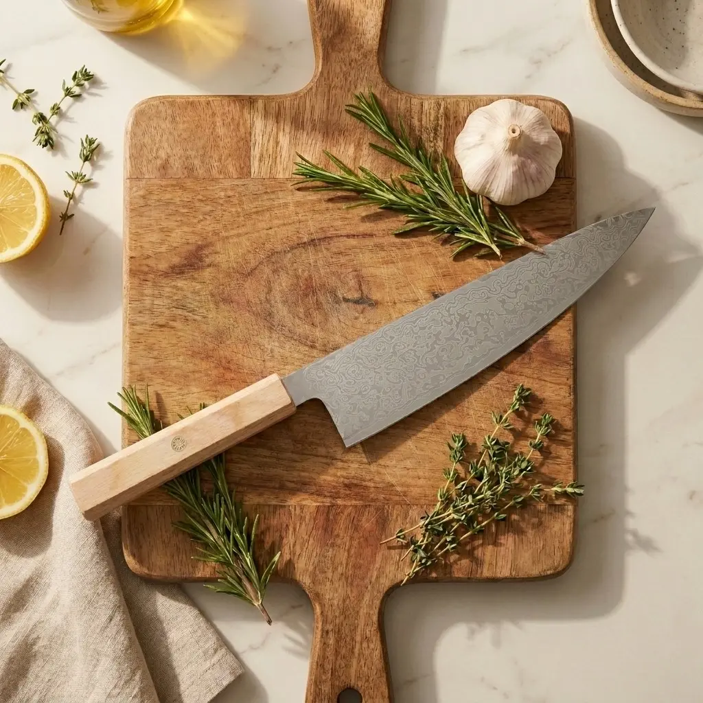Damascus Pattern Japanese Chef Knife, Wooden Octagonal Handle, Sharp and Durable, Smooth Cutting, Ideal for Home Cooking and Western Cuisine