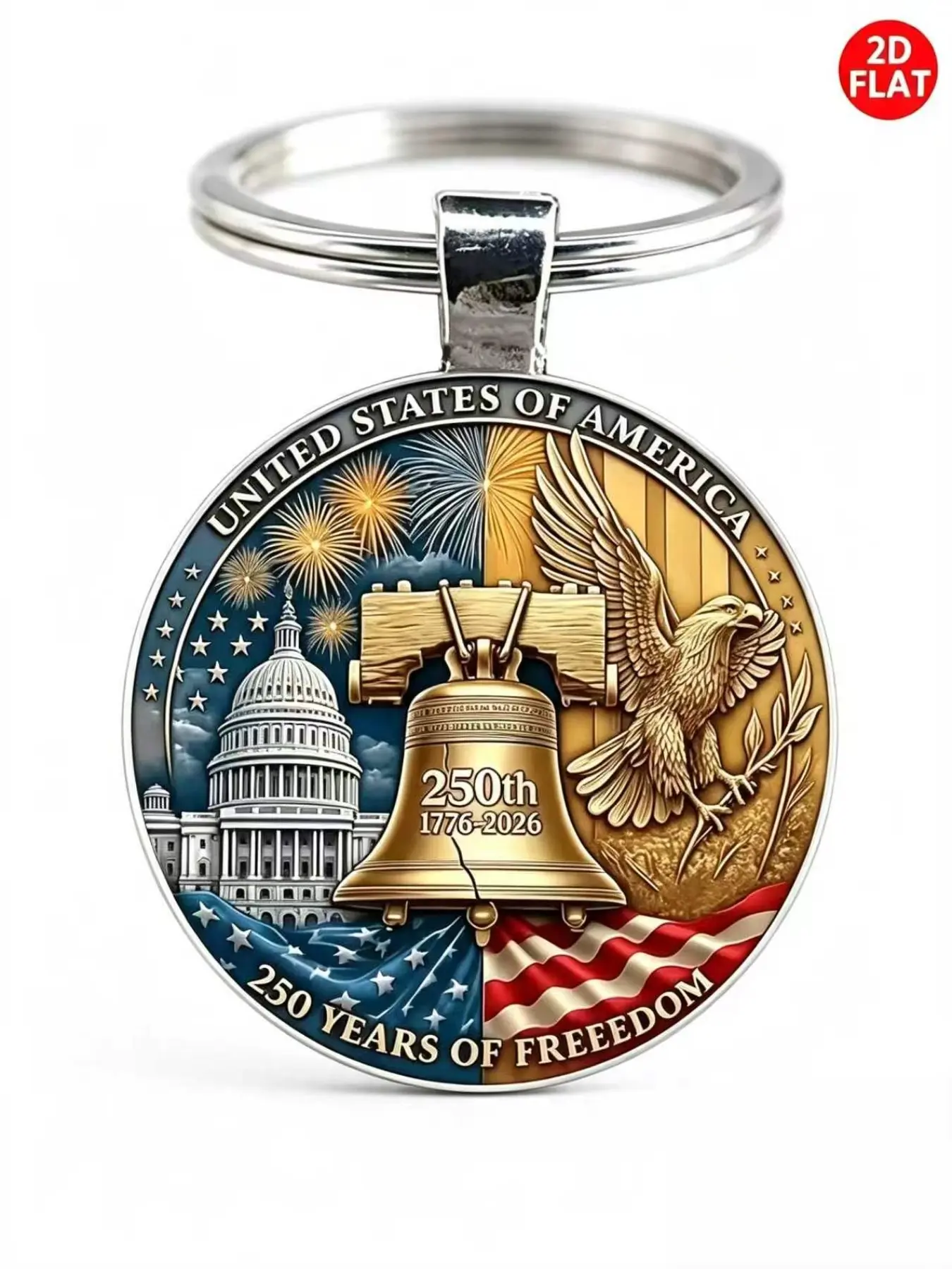 Us Capitol & Eagle 250th Anniversary Keychain, Flat 2D Design, Historical Gift, Collectible for History Lovers, Elegant Style