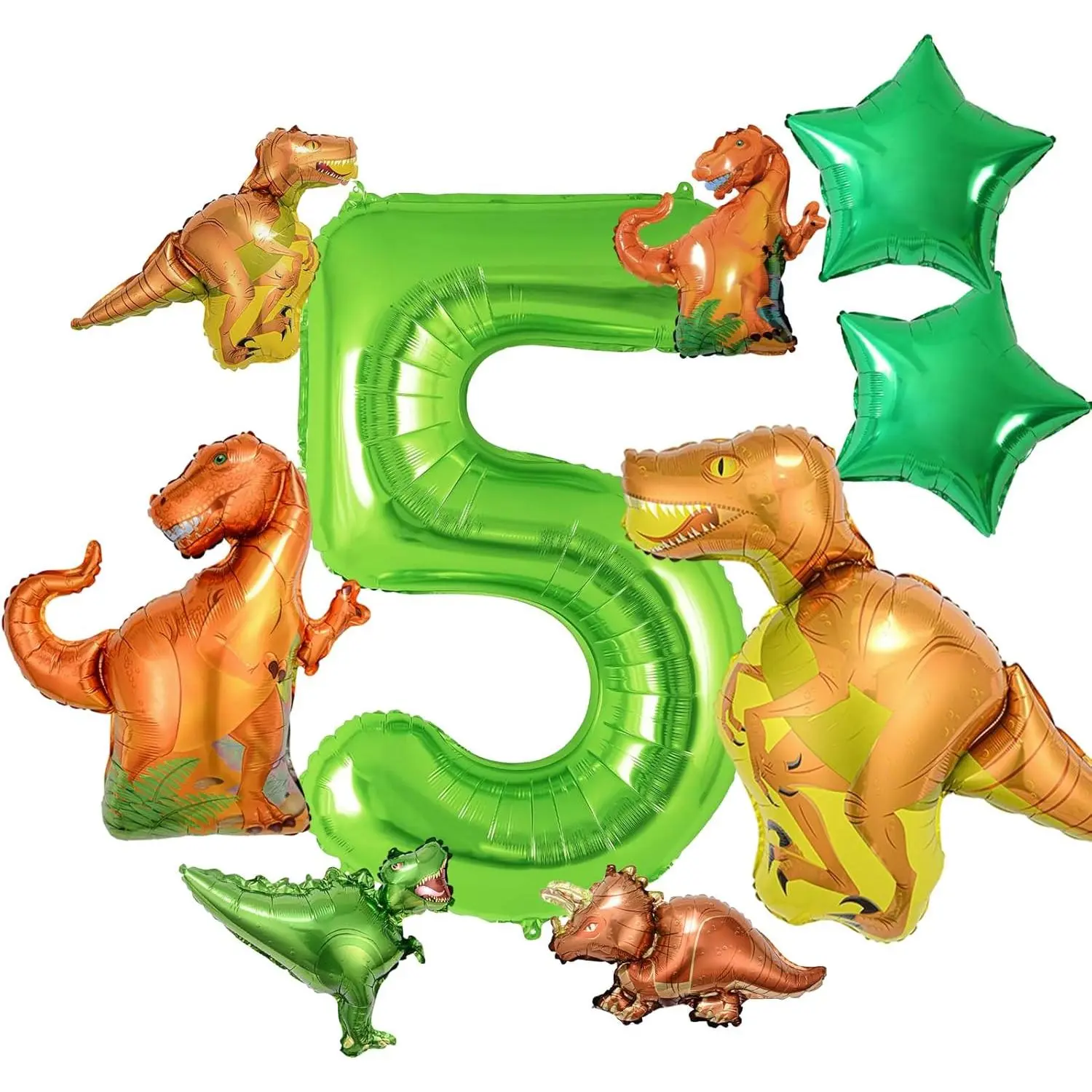 Dinosaur Birthday Decorations – 9PCS Dinosaur Balloons Set with Large & Small Dinosaurs, Stars & Number 5 Foil Balloon for 5th Birthday Party Supplies