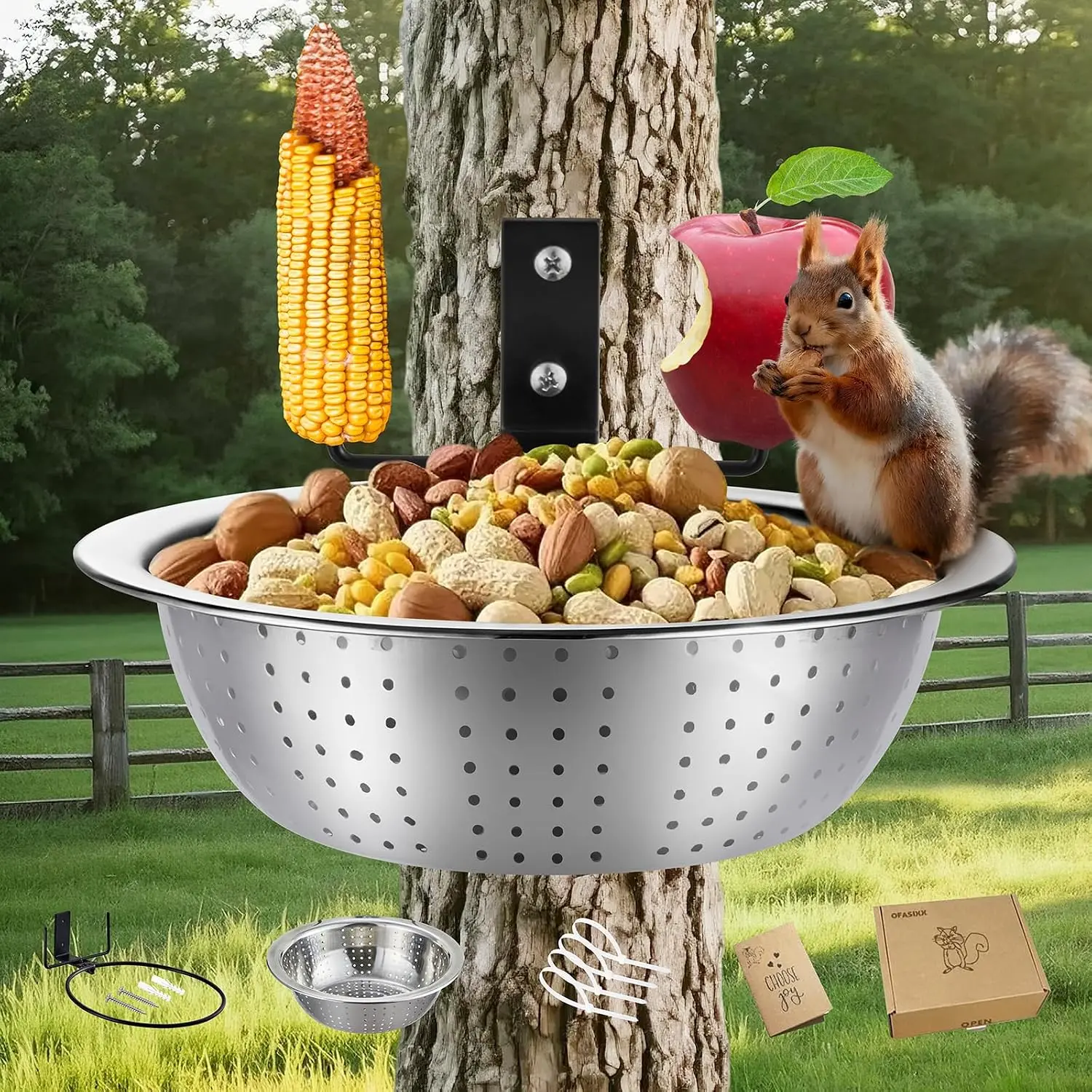 Feeder with Metal Drainage Bowl,  Feeders for Outside, 8.5" Removable Bowl Easy to Clean/Refill, 2  Corn Cob Spikes for Various , Tree/Fence Mount,Notebook(Brown)
