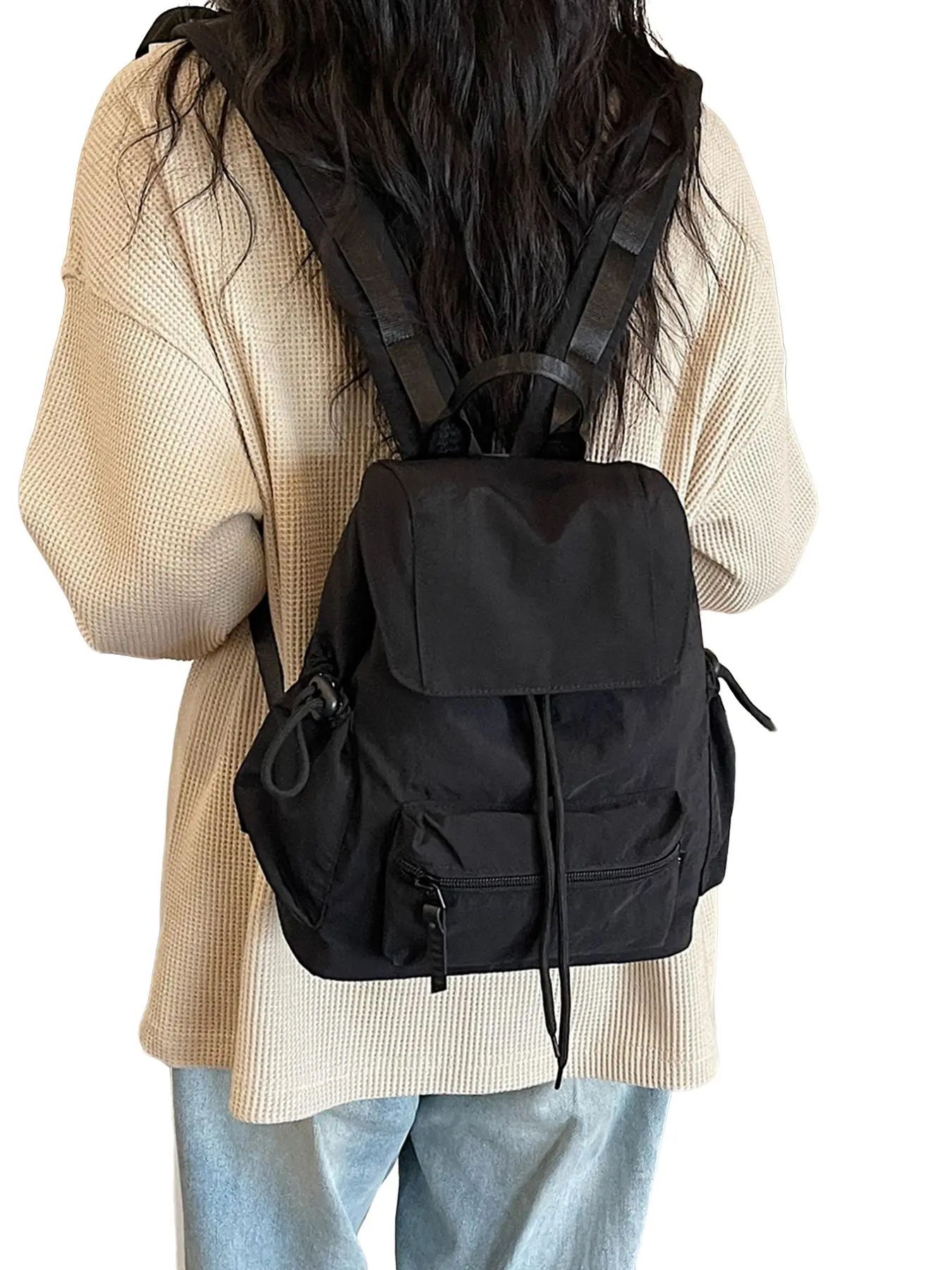 Japanese Style Lightweight Drawstring Flip Cover Backpack, Waterproof Nylon, Casual Commute Student Mini Bag, Stylish Casual Daypack, Multiple Colors Available, Backpacks Women
