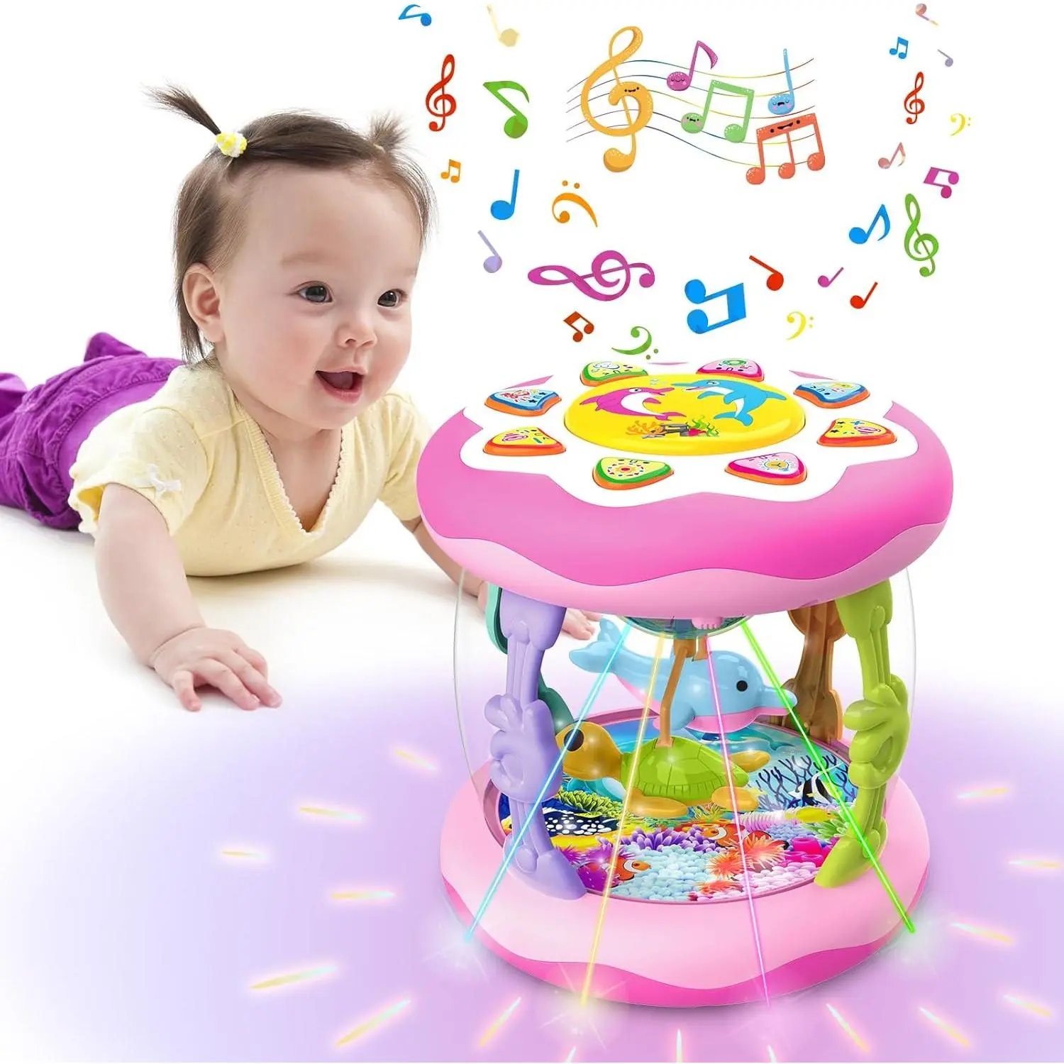 Baby Girl Toys  6-12 Months Ocean Rotating Light Up Musical Toys Tummy Time Infant Toys 3-6 12-18 Months Baby Girl Toys 1 2 Year Old(Pink) New model