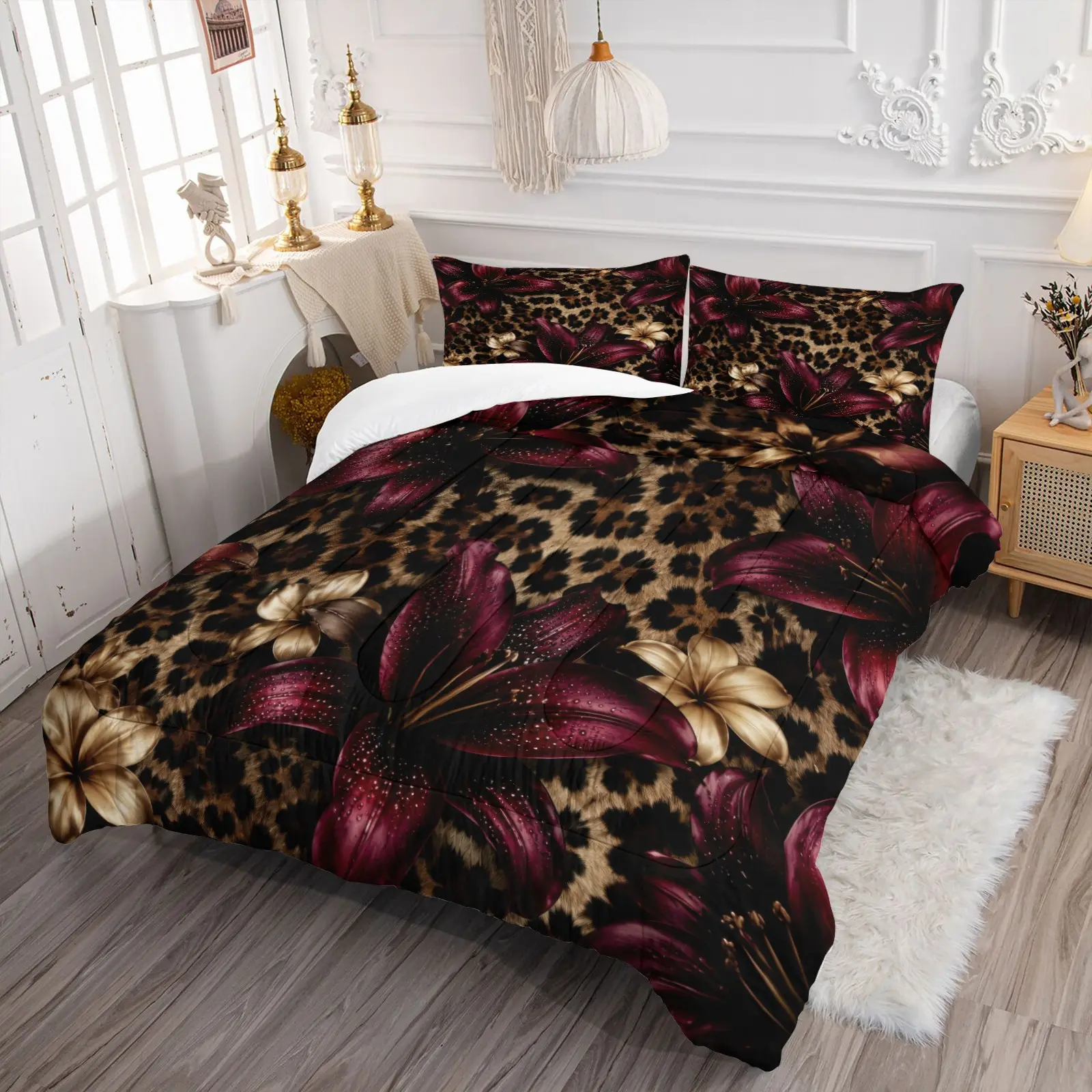 Burgundy Lily Floral Leopard Print Comforter Set, Quilted Duvet Set, (1 Quilted Comforter + 1-2 Coreless Pillowcases), Durable Soft Washable, High Definition Digital Print, Vintage Wild Animal Skin Flower Style, Women Teen Girls Bedroom Bedding
