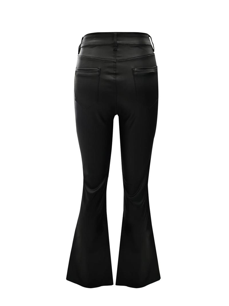 NVFelix Women's High-Waisted Faux Leather Flare Pants with Pockets, Stretchy PU Bell Bottoms for Night Out