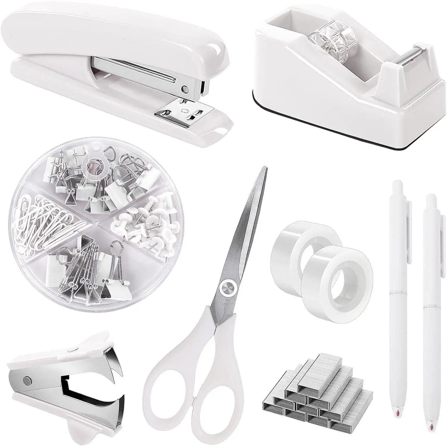 White Office Supplies Set, Desk Accessories, Stapler, Tape Dispenser, , Binder/Paper Clips and 1000 count , Office Decor for Women