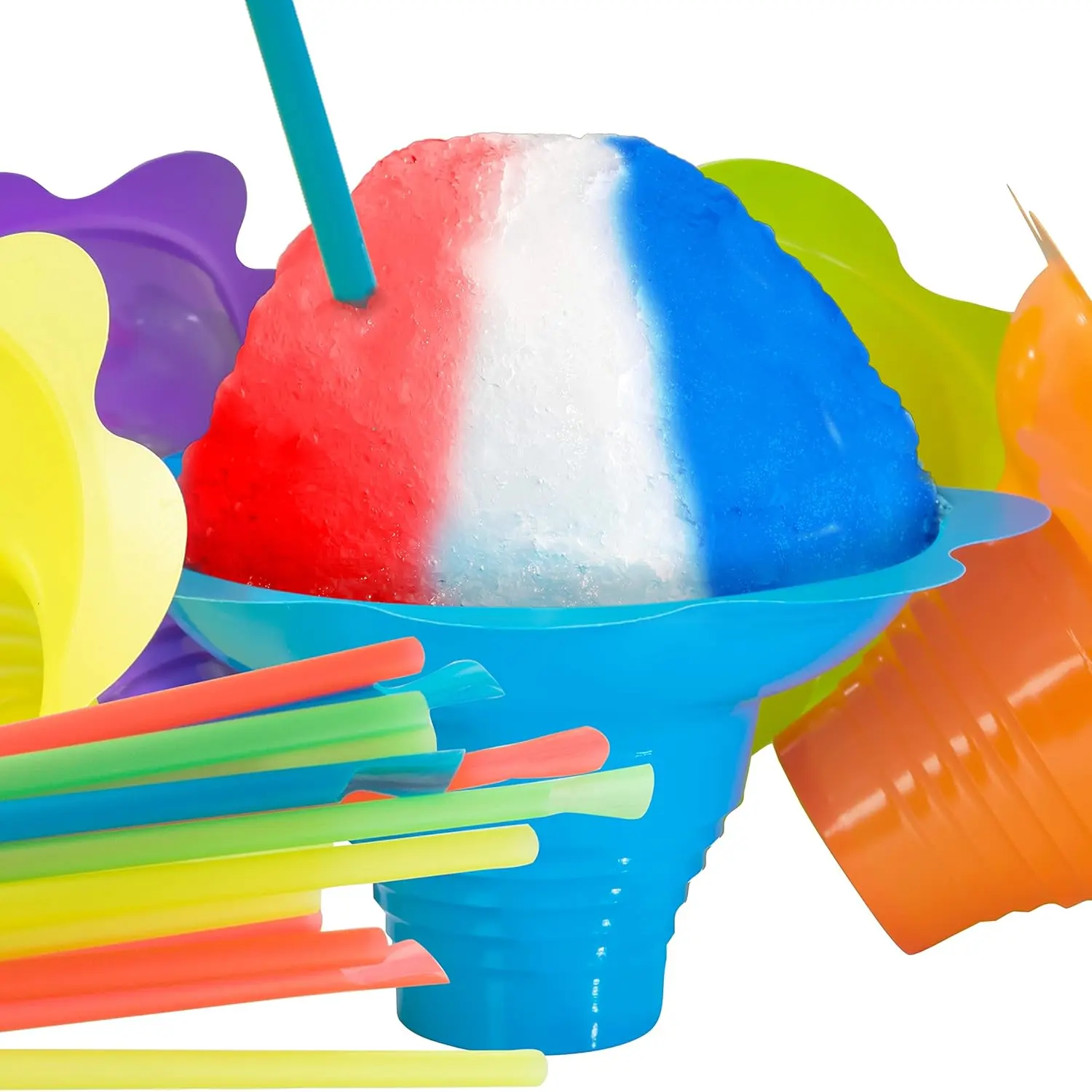 Leak Proof Drip Catching Super Cute Reusable 4oz Flower Snow Cone Cups with Straws 100 Pk, Colorful Easy Grip Bowls for Birthday Party Summer Cookout Shaved Ice Snack Ice Cream