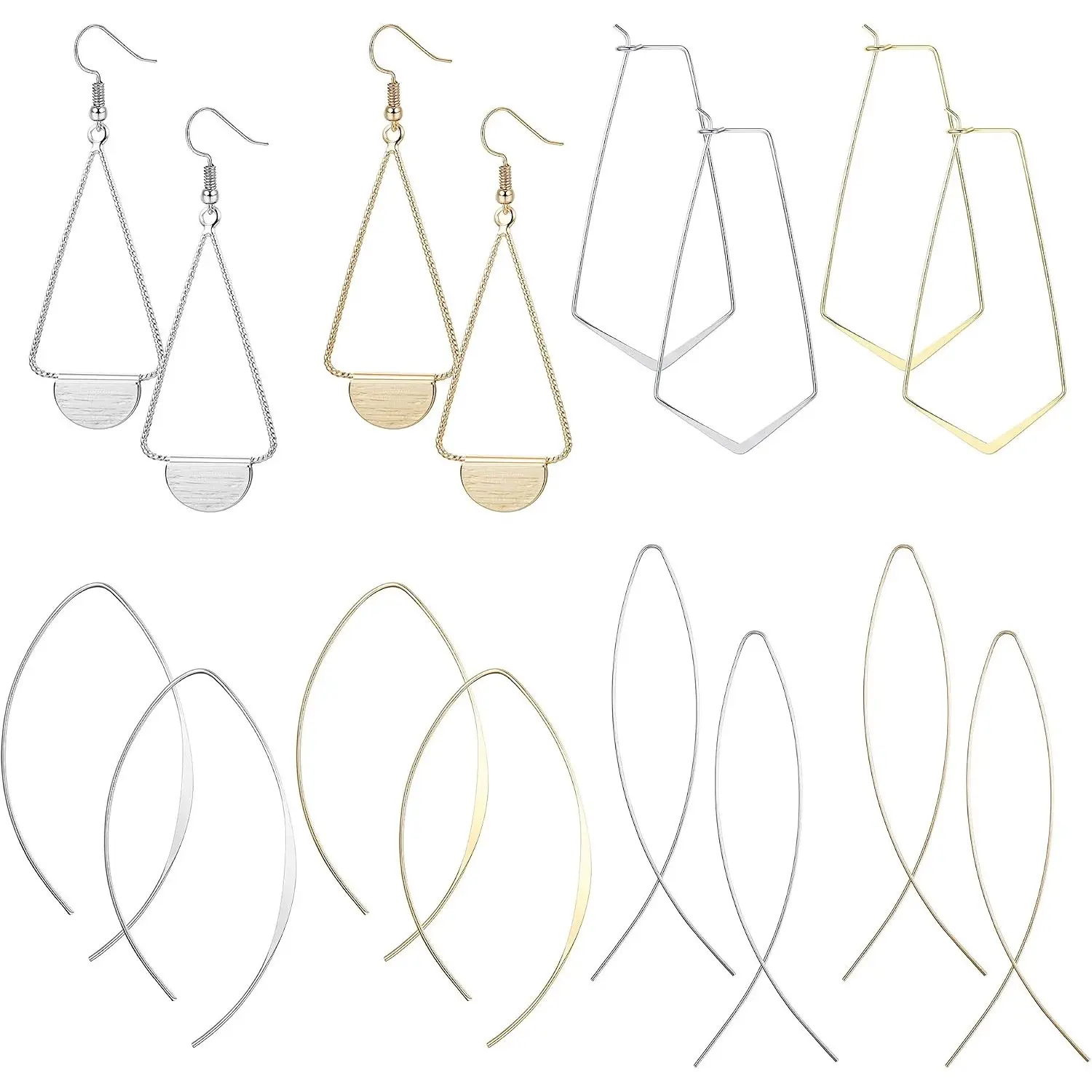 8 Pairs Lightweight Open Line Threader Drop Earrings for Women, Linear Long Threader Curved Hypoallergenic Earring Set