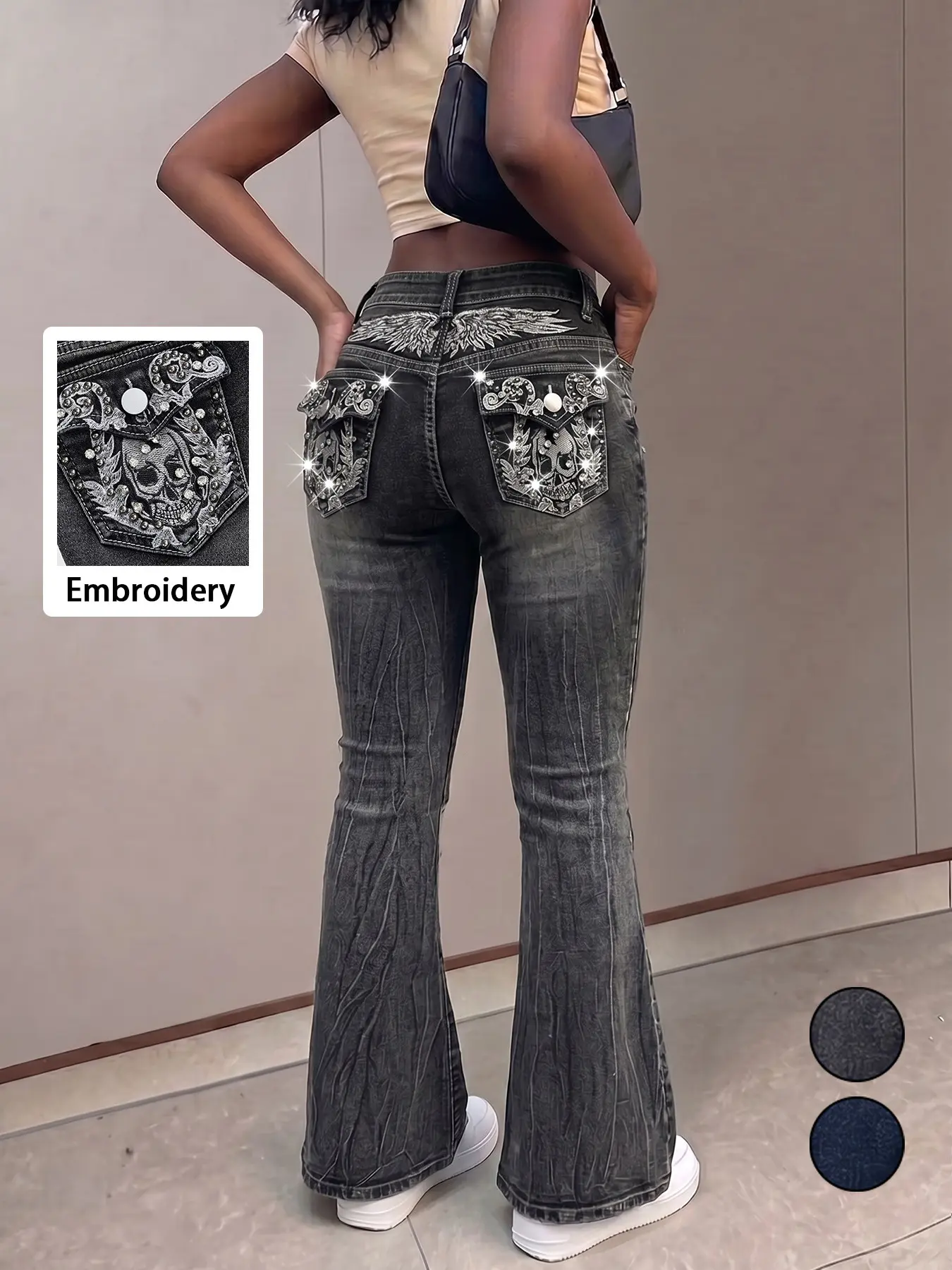 Women's Y2K Fashion Wing Skull Embroidery Rhinestone Slim Fit Stretch Bell Bottom Flare Leg Jeans, Denim Rhinestone Pants, Trendy and Stylish Denim Jeans for Women