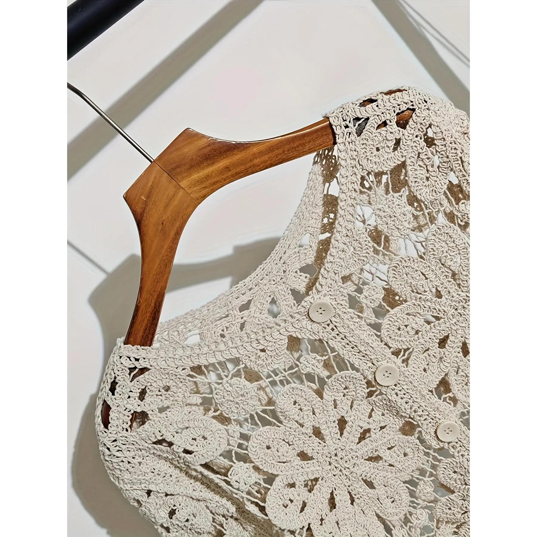 Women's Art Jacquard V-Neck Cardigan - 100% Polyester, Loose Fit, Regular Length, Hollow Crochet Wonderland Pattern, Delicate Vine Embroidery Hem, Dry Cleaning Compatible
