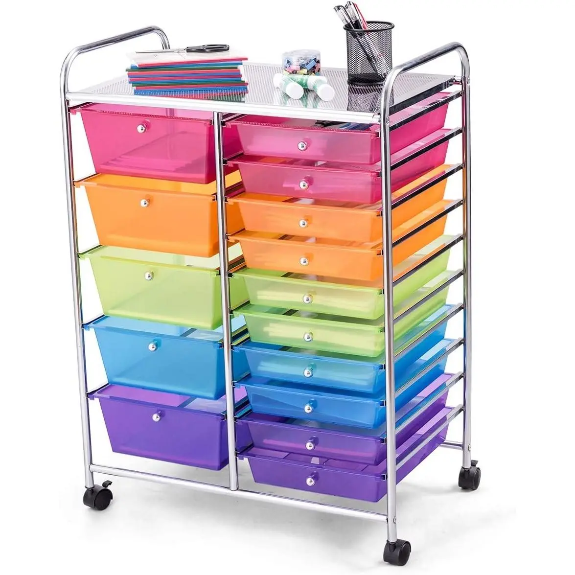 15-Drawer Rolling Storage Cart, Craft Storage Cart with Removable Drawers & Lockable Wheels, Art Cart Supply Storage Organizer for Home Office Classroom, Rainbow