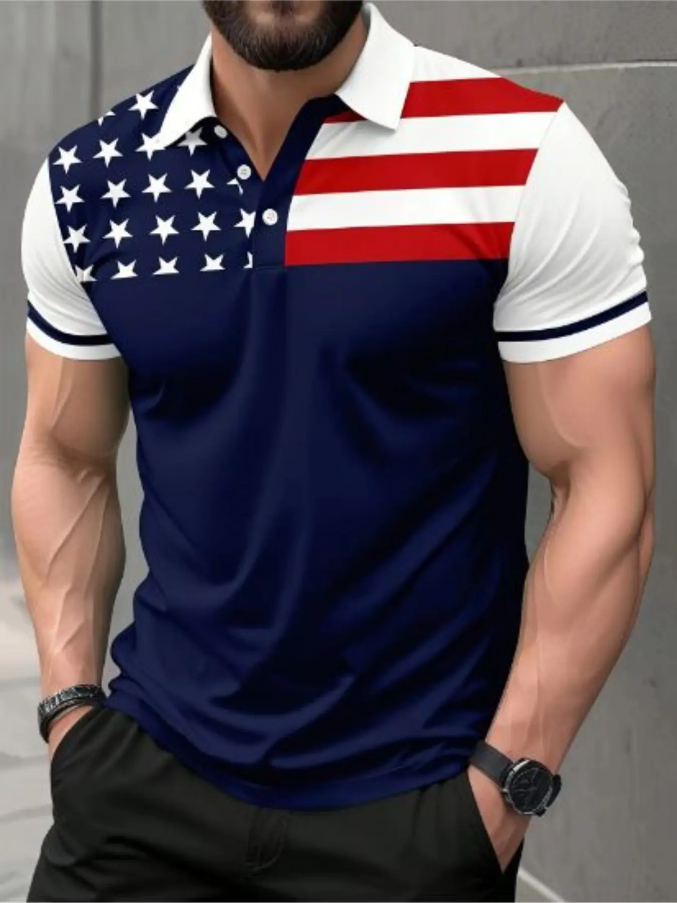 Men's New Fashion Casual Short Sleeve Polo Shirt, Patriotic Summer Polos, American Flag Print Business Leisure Dress Polo, Star Spangled Patchwork Polo