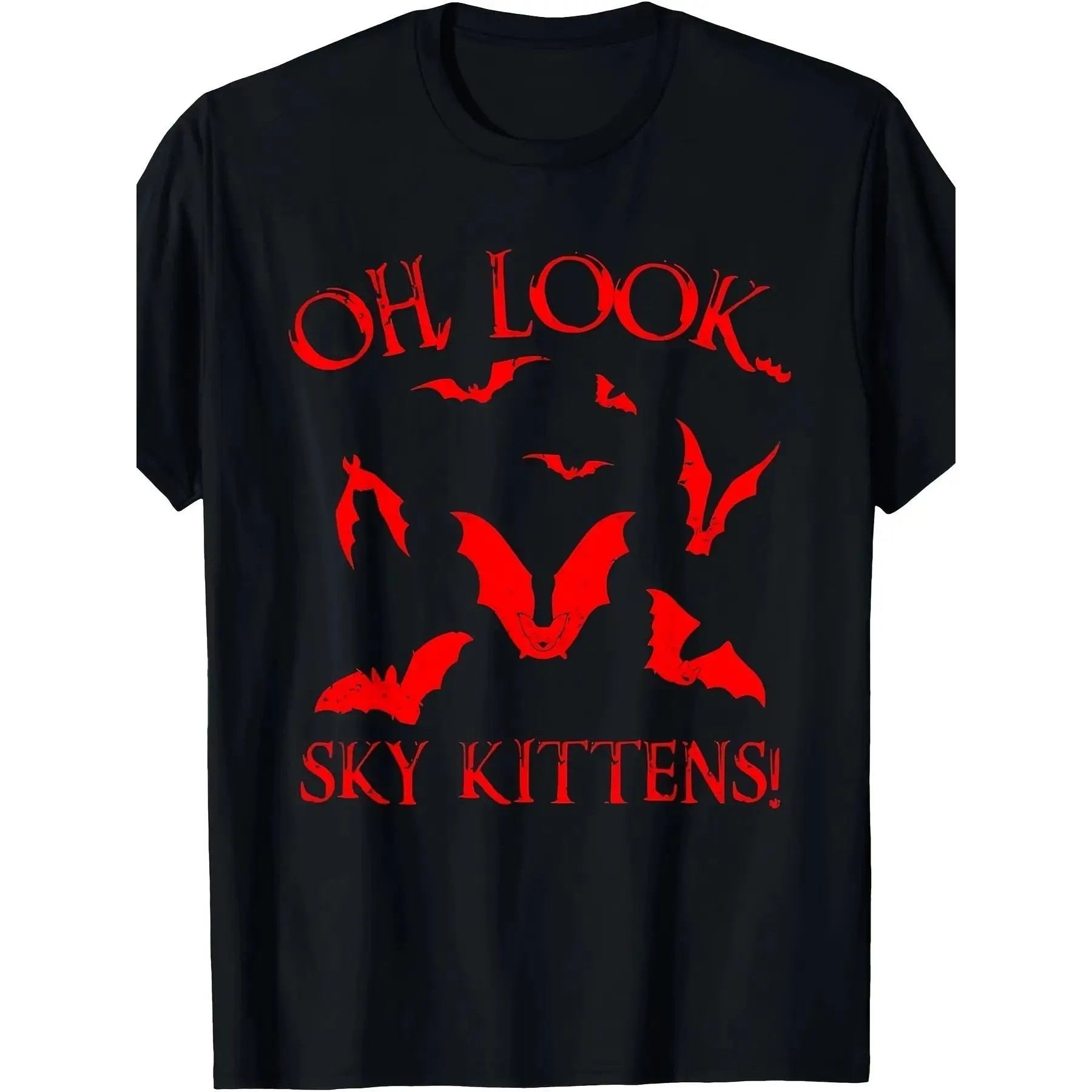 Unisex Halloween Theme Recycled Poly Gothic Horror T-Shirt - Funny Bat Lover "Oh Look Sky Kittens!" Slogan, Red Bat Silhouettes, Relaxed Fit Short Sleeve Round Neck Summer Casual Sport Top, Casual Wear