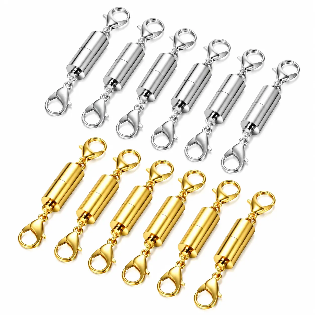 12-Piece Magnetic Necklace Clasp Set for Easy Wear—Stainless Steel Extenders with Strong Neodymium Magnets, Gold & Silver Plated Finishes, Ideal for Adjustable Jewelry, Layered Necklaces, and Gifting