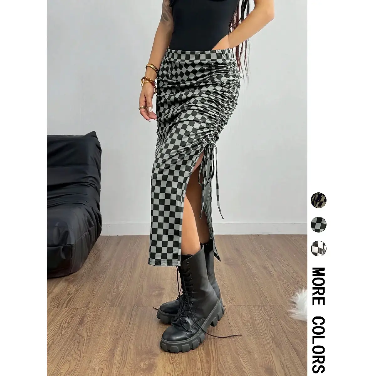 Women's Plaid Adjustable Drawstring Waist Stretch Skirt, Casual Sporty Activewear Split Design, Slim Fit Half-Length Skirt Daily Wear & Outdoor Activities, Skirts, Bottom, Womenswear, Fashion Plaid Skirt