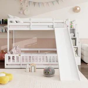 Aobtkel®Twin Over Full Bunk Bed with Slide, Storage Staircase, Pine Solid Wooden Bunk Bed with Safety Guardrails,White、