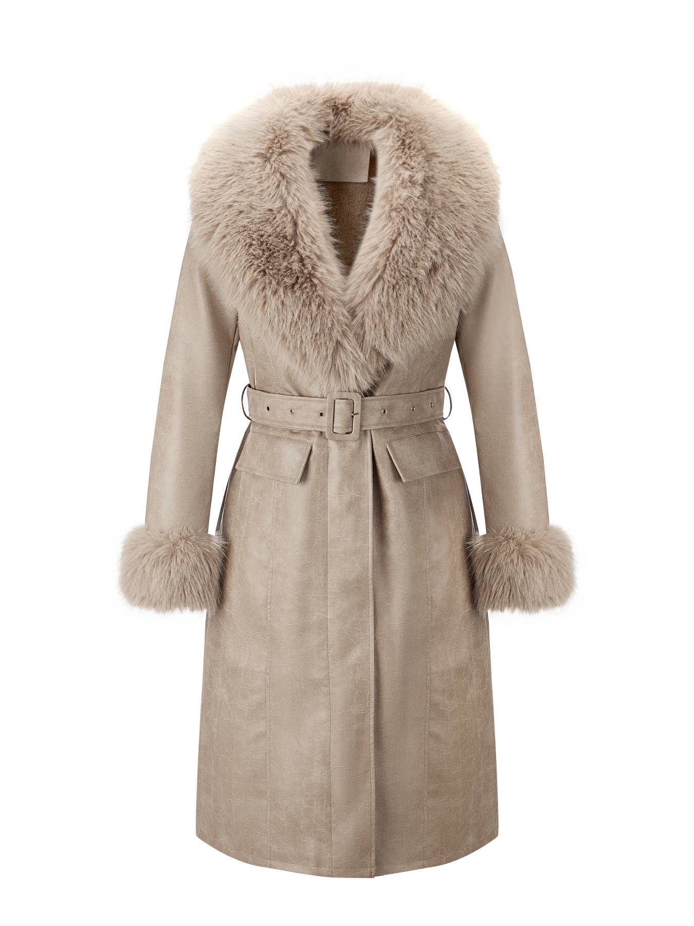 Women's Fall Winter Long Faux Fur Coat, Vintage Style Casual Cotton Woven Jacket with Large Collar and Belt, Elegant Plain Design