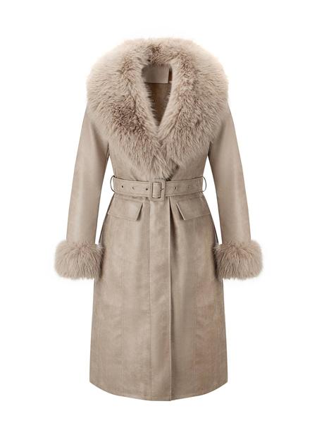 Women's Fall Winter Long Faux Fur Coat, Vintage Style Casual Cotton Jacket with Large Collar and Belt, Elegant Plain Design