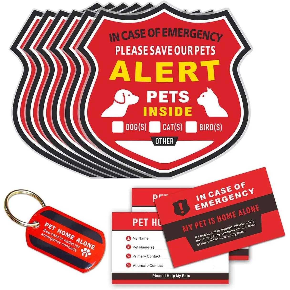 Alert Stickers - in Case of  Pets Rescue Stickers Static Cling Window  (6 Pack),   Alone Wallet Cards, Key Tag - NO Adhesive, Removable,