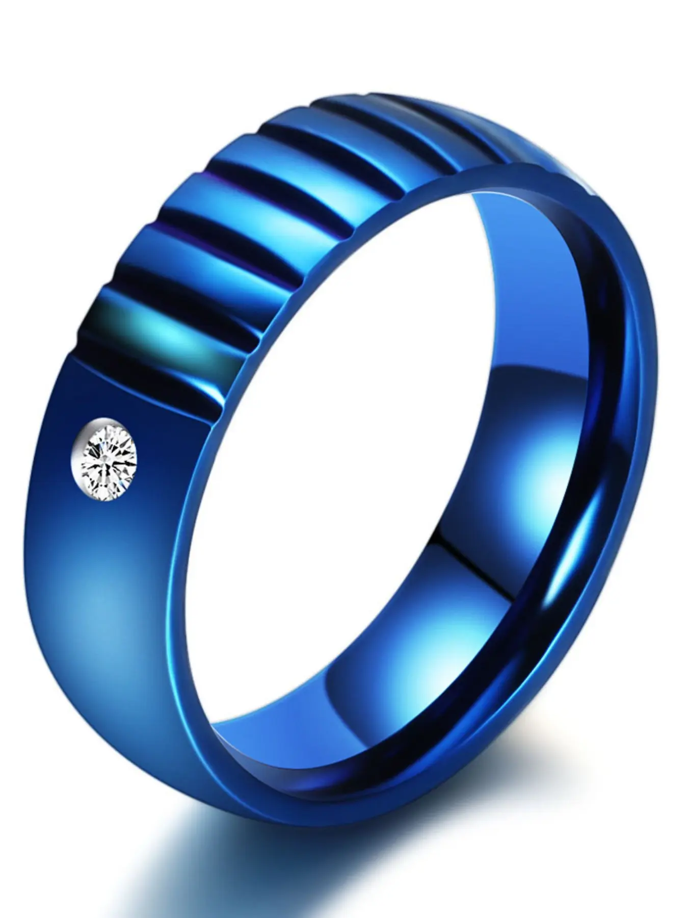 Simple Personality Blue 6mm Bread Groove Rhinestone Stainless Steel Ring, Unique Design Jewelry, Perfect for Daily Wear