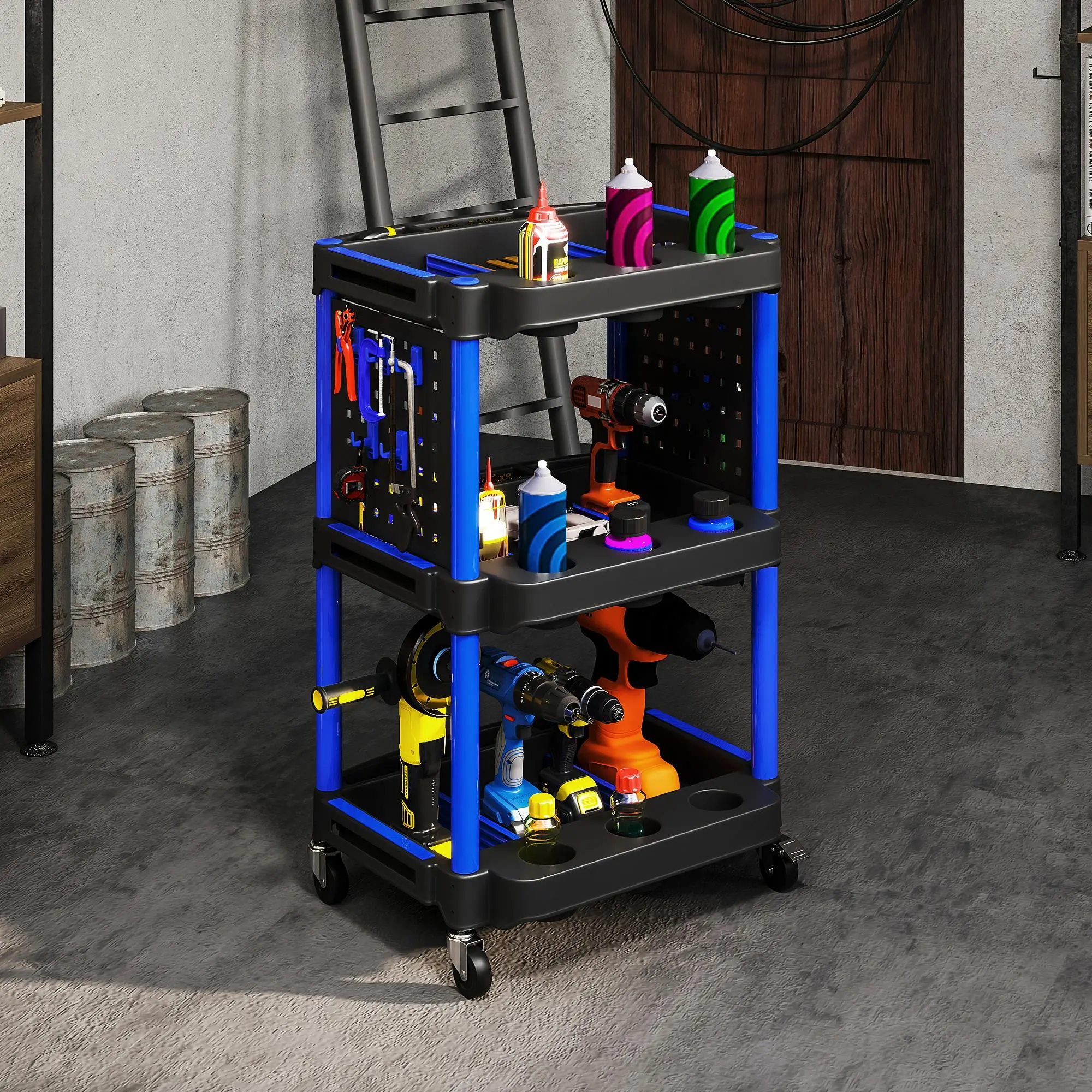 3-Tier Rolling Tool Cart, 200 LBS Heavy Duty Plastic Utility Cart with Side Shelves, Mobile Garage Storage Organizer, Workshop Tool Trolley, Service Cart with Wheels, Black & Dark Blue
