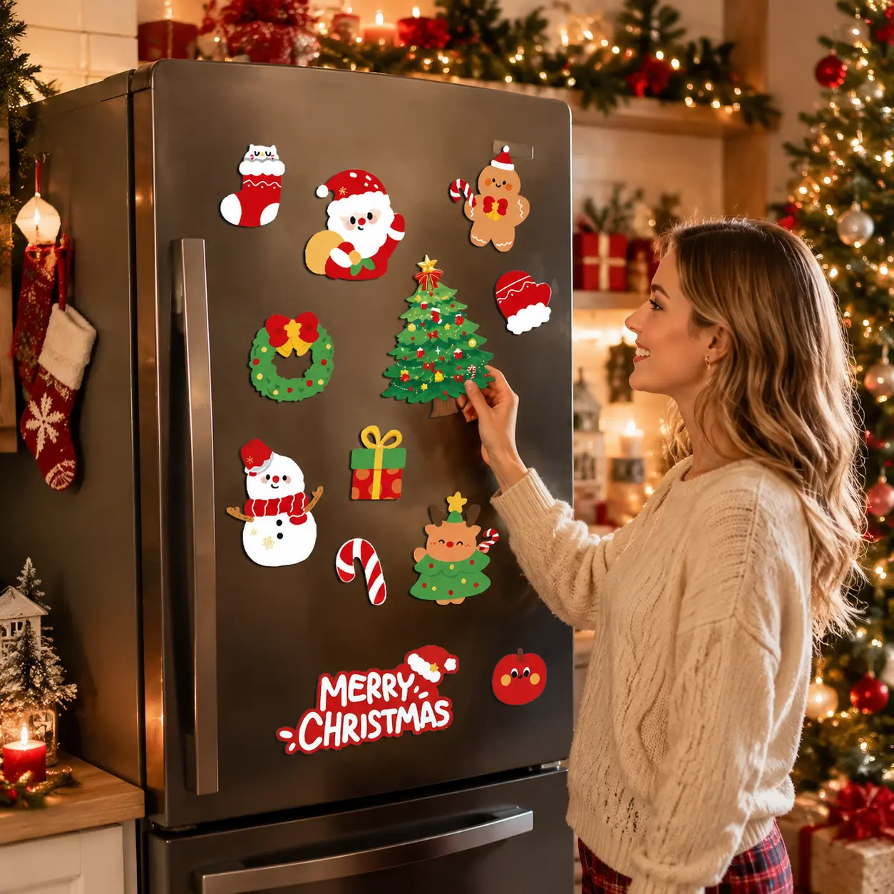 12PCS Christmas Kitchen Decorative Magnets, Soft Material with Strong Magnetic Backing, Cartoon Style Fridge Magnets, Christmas Holiday Decorations for Refrigerator, Metal Doors & Office Whiteboards