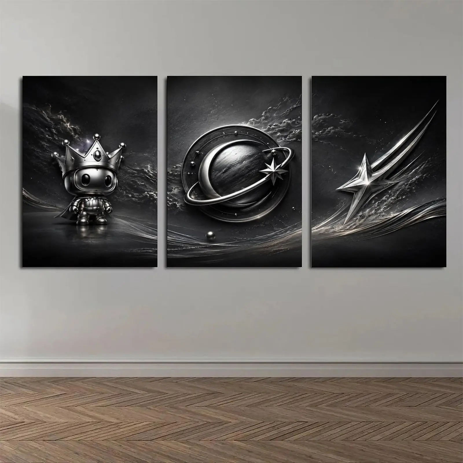 Black Silver Galaxy Triptych Wall Art Canvas Poster Set, Cute Crowned Robot Planet Shooting Star 3 Panel Space Decor Print, Aesthetic Bedroom Living Room Office Gaming Room Wall Decor Poster Prints