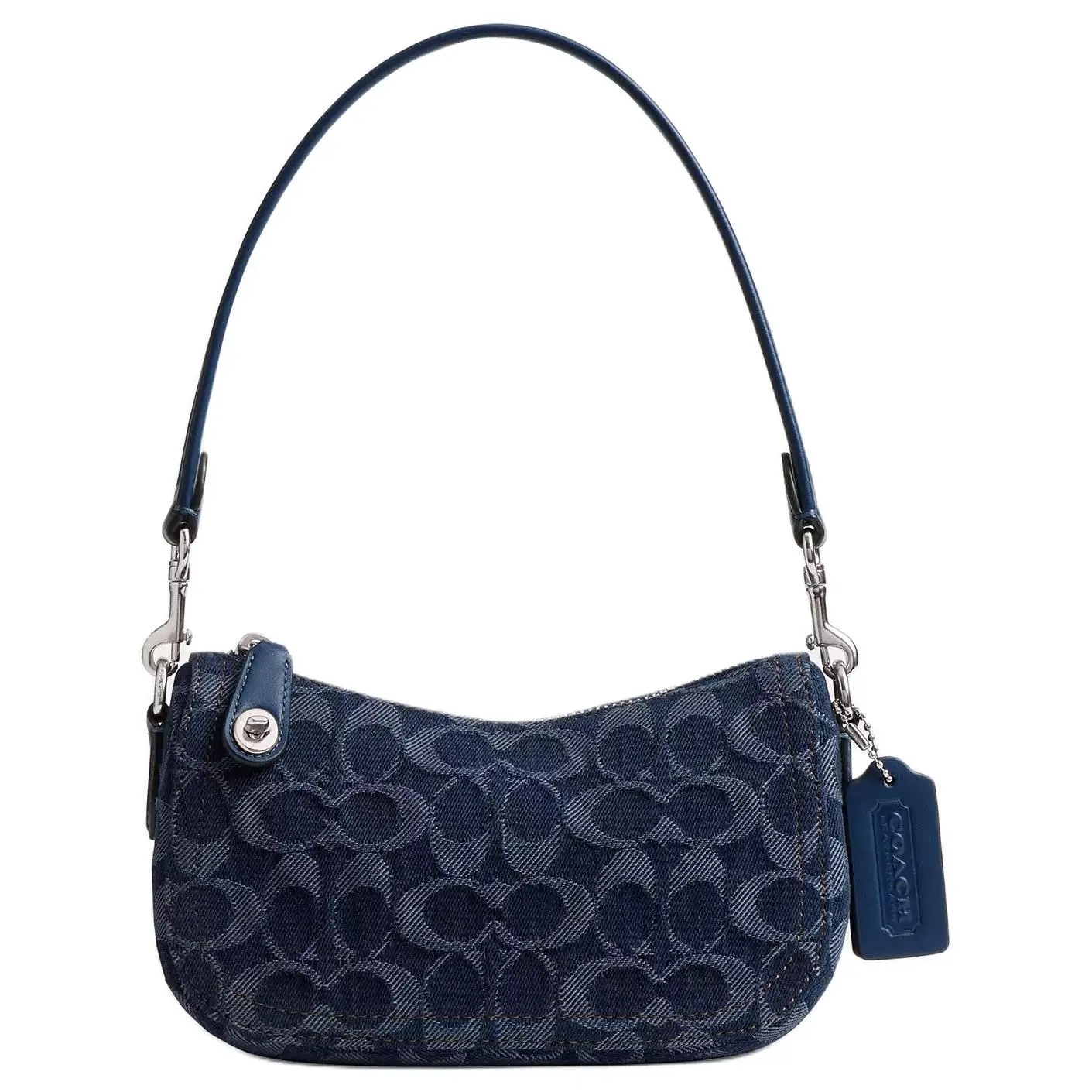 COACH Swinger 20 Logo-Print Handbag for Women – Iconic Denim Style with Silver Hardware, Navy Blue