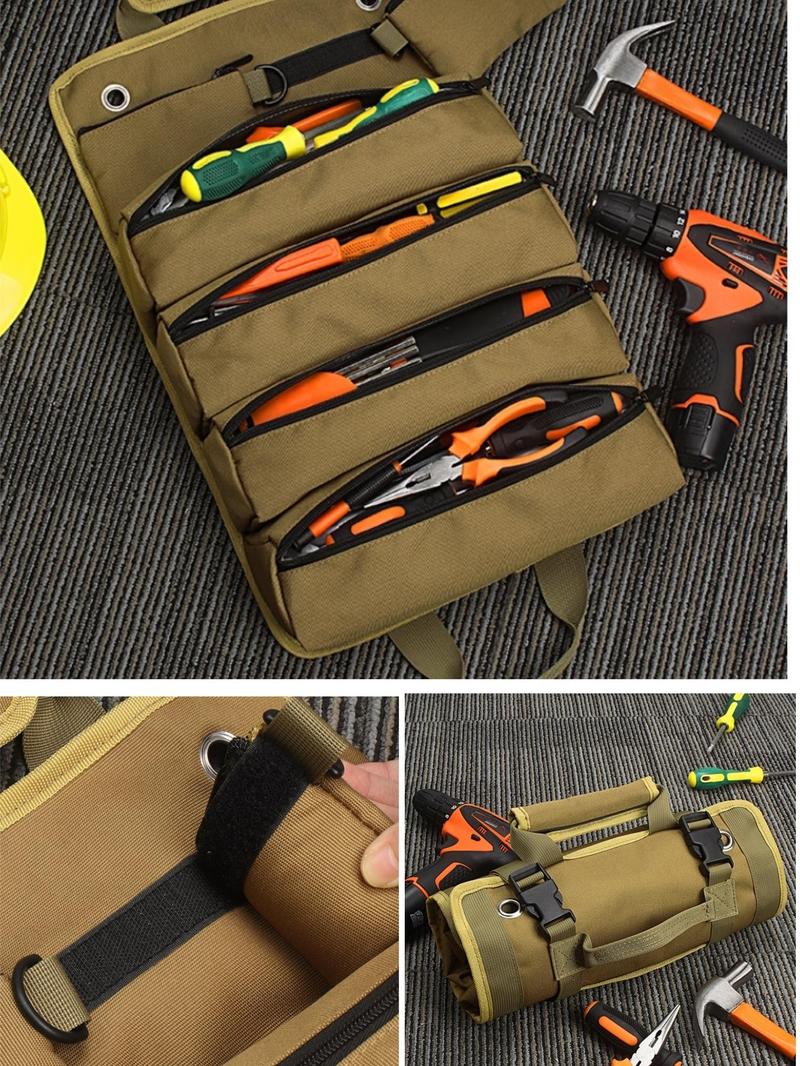 Black Portable Foldable Nylon Tool Bag, Convenient Tool Pockets, Multi-grid Zipper Tool Organizer with Removable Zipper Bags, Portable Tool Storage Bag for Home for Father's Day Gift, Tool Storage Kit