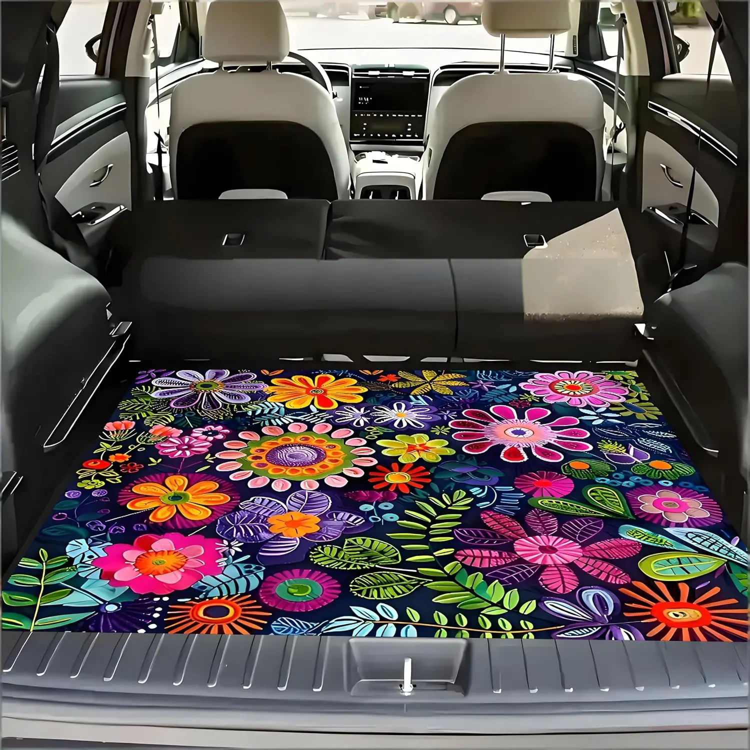 Universal Car Trunk Mat 29" x 39", Colorful Flowers All Weather Trunk Protection Cargo Liner, Durable Cargo Mat Rear Trunk Liner, Stylish Vehicle Interior Accessories Suitable for Most Car Models