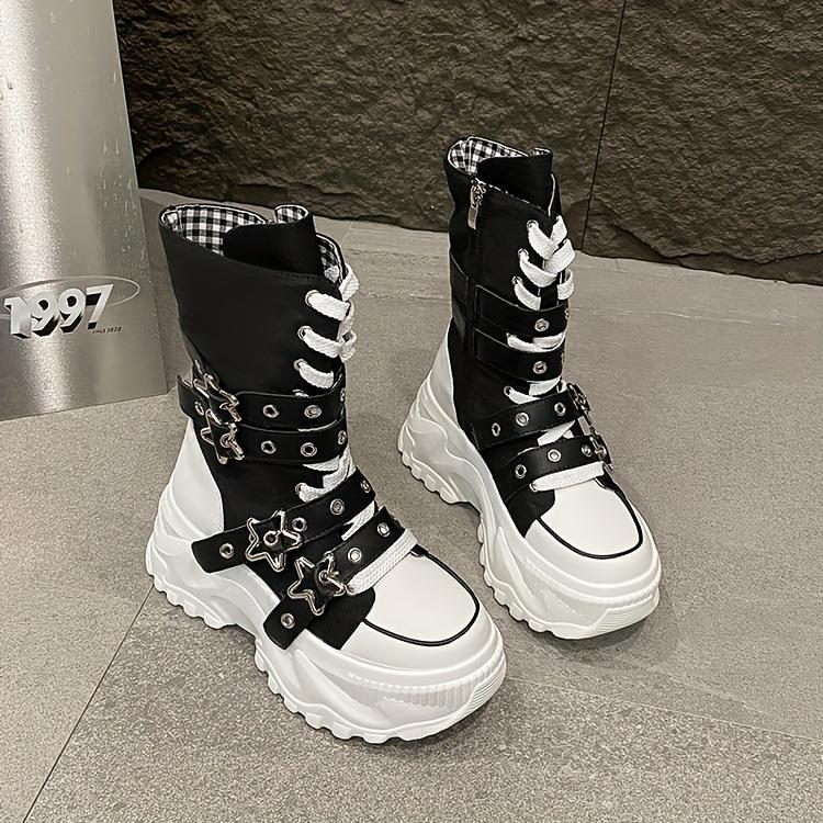 Chunky Platform Thick-Sole Height Increase 1.38 1.97 Lift Lace-Up Round-Toe All-Season All-Terrain Traction Low Heel Rubber Sole Fabric Upper Casual Athletic Wear Brown Black Easy-Clean Hand Washable