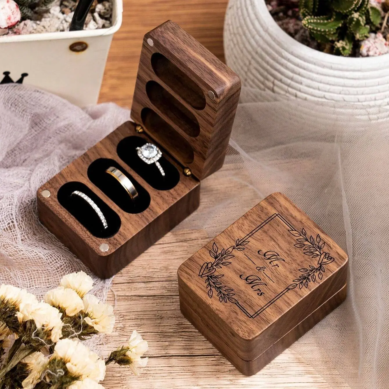 Wooden Three-Compartment Ring Box for Couples, Engraved Wedding Anniversary Birthday Gift, Summer Storage Organizer, Back-To-School Present