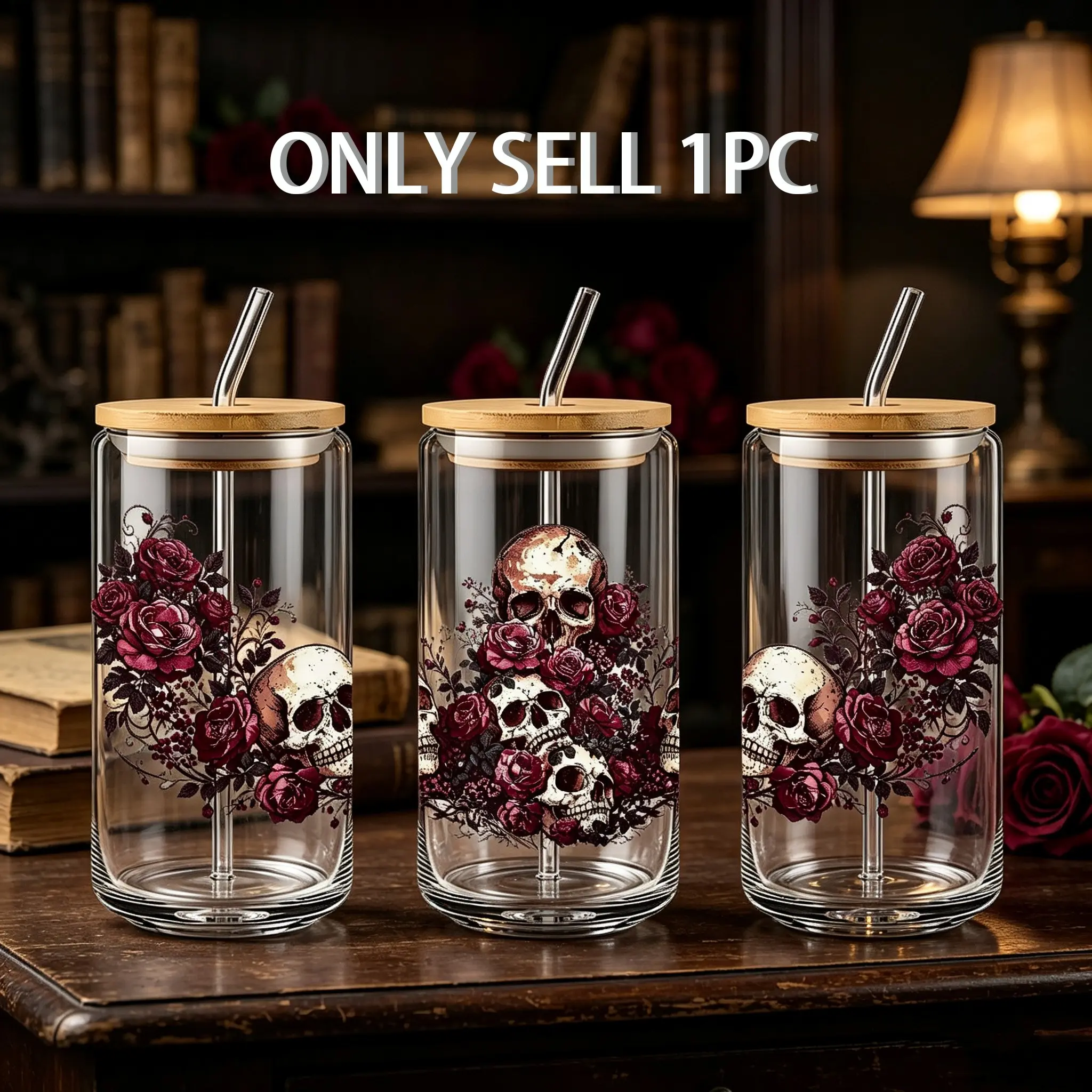 Gothic Skull Roses Design 16oz Glass Can Cup with Lid and Straw,Dark Aesthetic Reusable Drinking Tumbler for Iced Coffee Beer Soda, Summer Cool Bottle Drinking Bottle for Home Office Use,Halloween Glassware Gift for Women Teens
