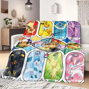 1pc Pokemon Eeveelutions Themed Fleece Blanket, All Evolution Forms Totem Print, Retro Anime Collectible Style. Soft Warm Multi-use Throw for Sofa, Bed, Office, Camping, Ideal Gift for Birthday, Christmas & New Year.
