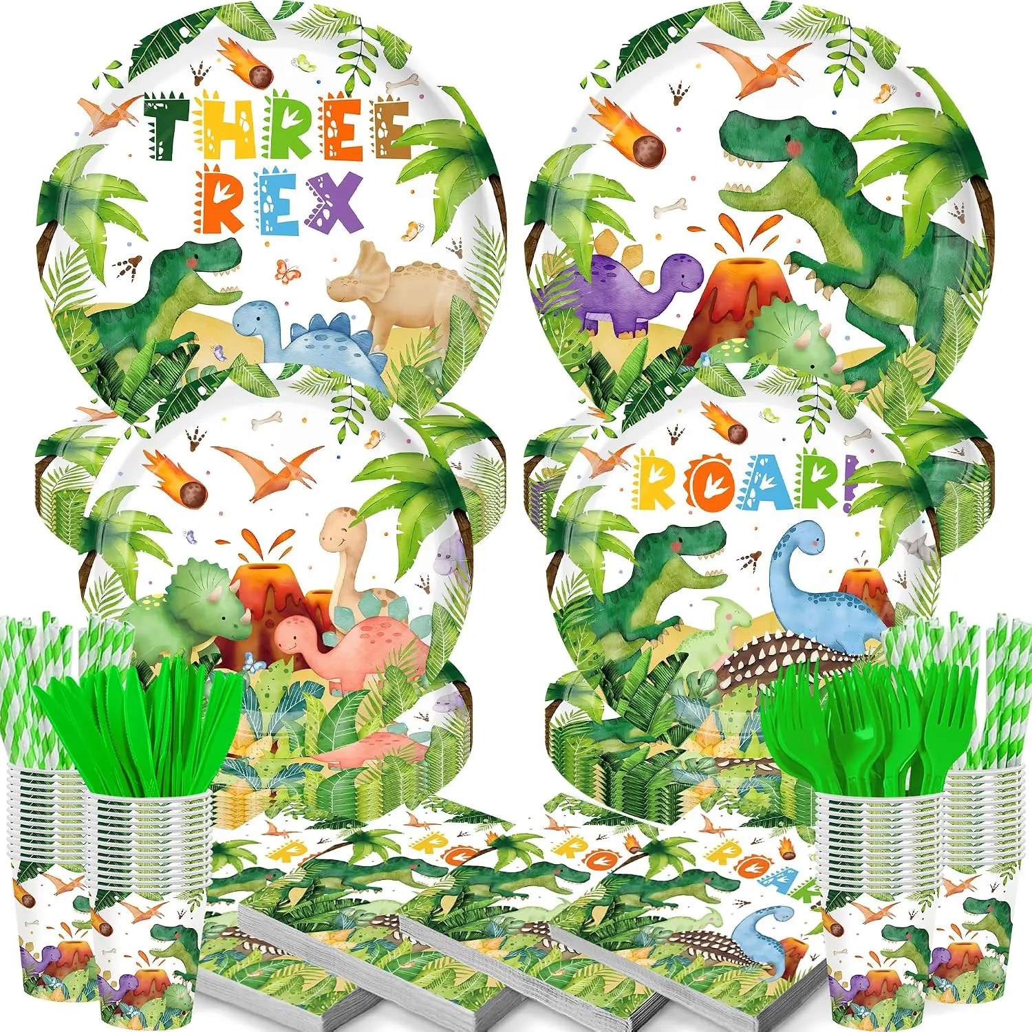 140 count Three Rex Birthday Decorations,Boys Dinosaur Birthday Theme Party Tableware Set Plates Napkins Cups for Dinosaur 3rd Birthday Party Supplies Serves 20 Guests