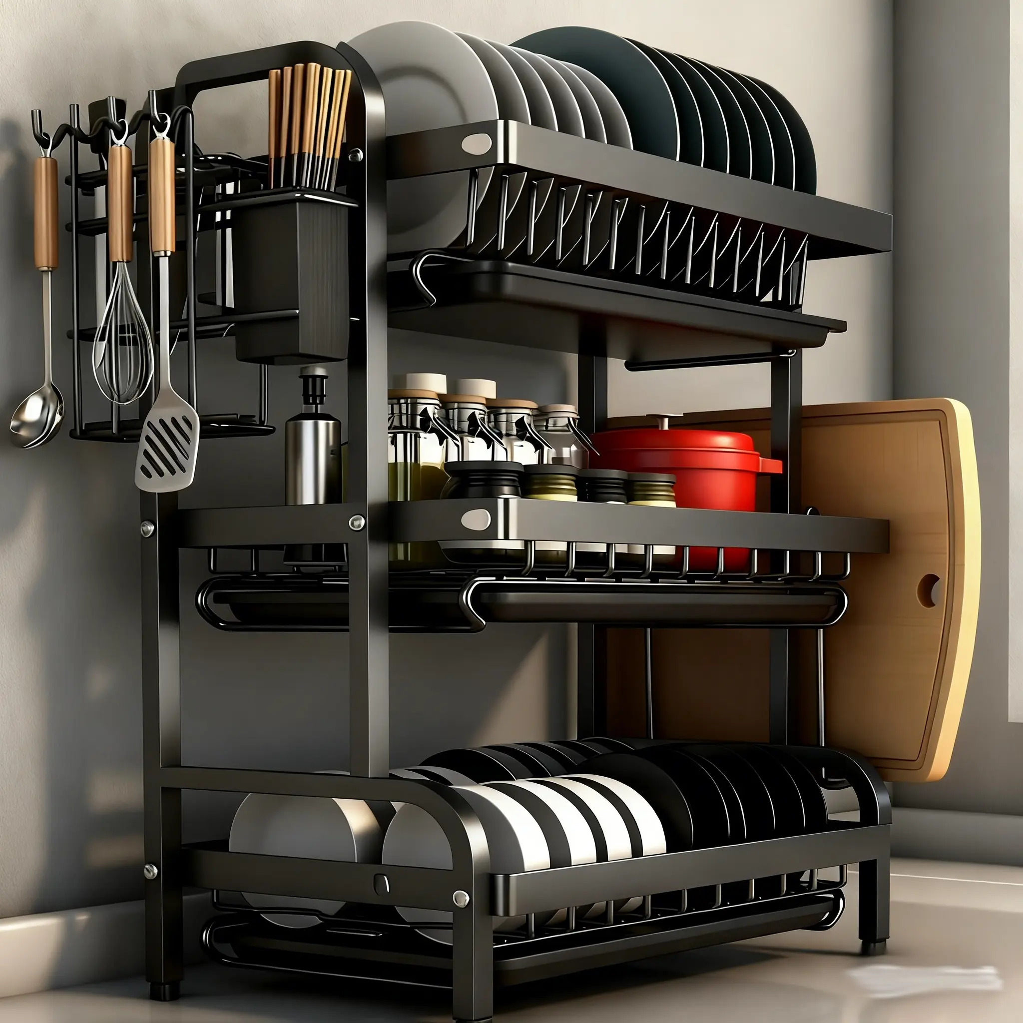 3 Layer Black Dish Drying Rack, Kitchen Dish Draining Rack with Drain Tray