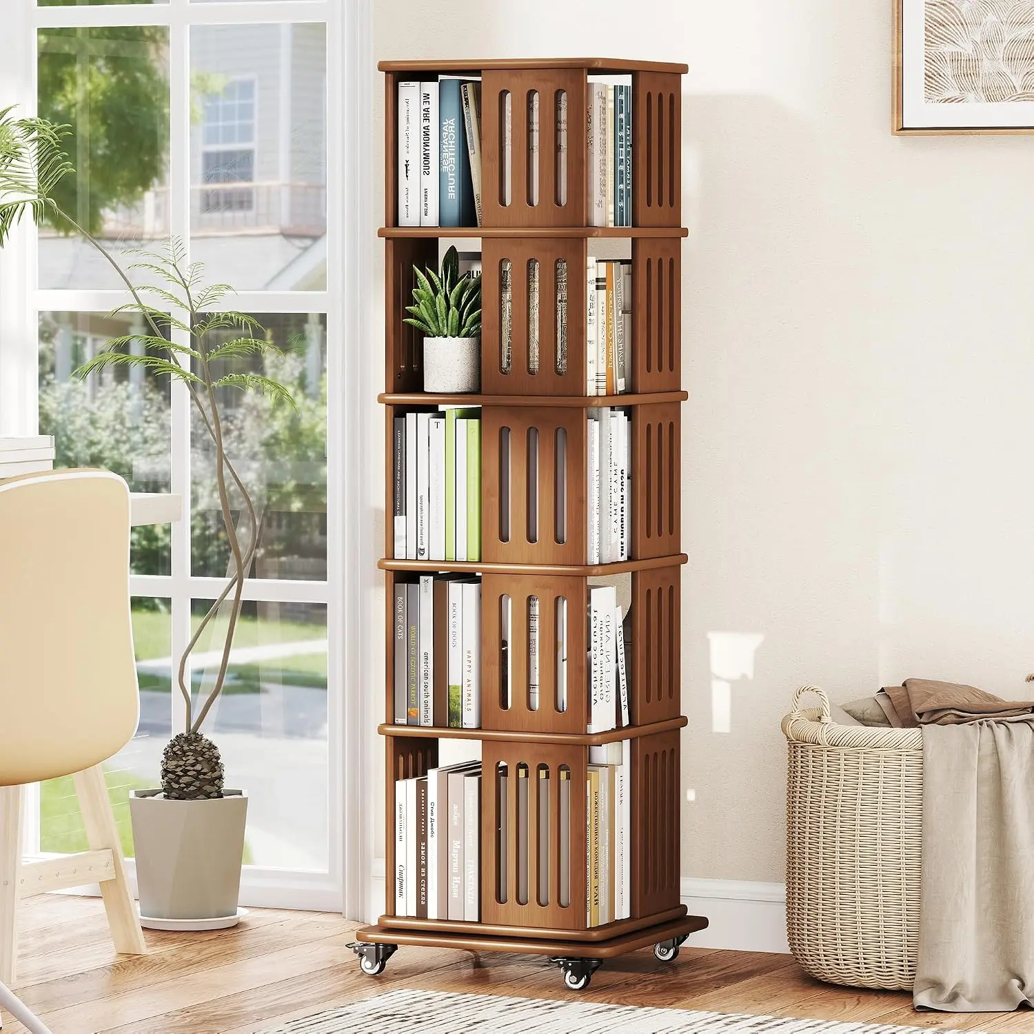 Baoz 60" Tall Rotating Bookshelf Tower, 5 Tier Walnut Spinning Bookcase