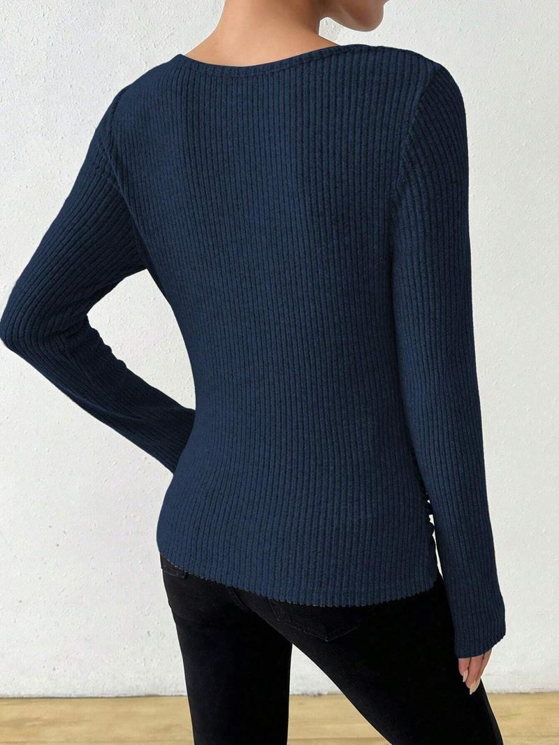 Women's Plain Draped Cowl Neck Ribbed Tee, Elegant Long Sleeve T-shirt for Spring & Fall, Women's Clothing for Daily Wear