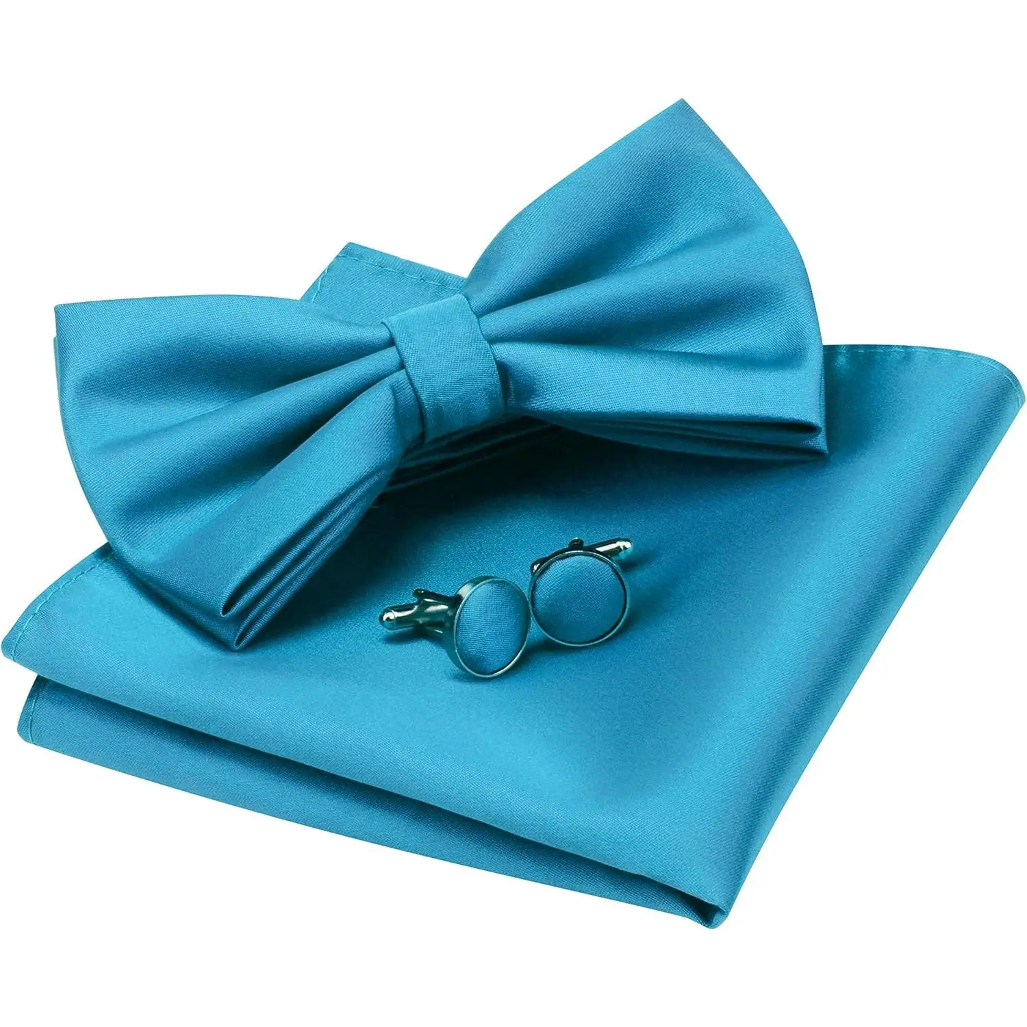 Mens Solid Color Double Fold Pre-tied Bow and Pocket Square Cufflink Set with Gift Box