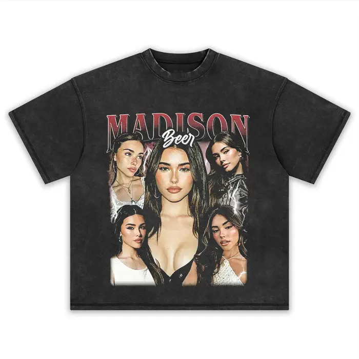 Five Portrait Collage Front Print Large Arch Top Gradient Letter Graphic Lightning Accent Background Layout Design Social Media Pop Culture Celebrity Streetwear T-Shirt, Vintage Washed Retro Distressed Wash Black Crew Neck Unisex Tee